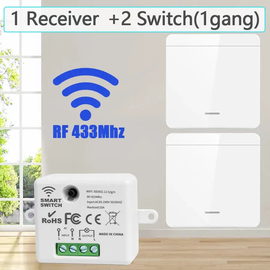 Simples Market wireless RF433 switch kit: one receiver and two white wall switches, 10A, 110–240V