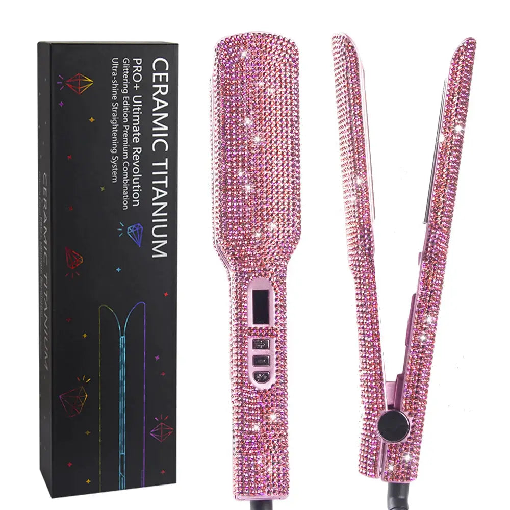 Simples Market rhinestone titanium hair straightener with 2-inch plates, pink finish, dual voltage, LCD display