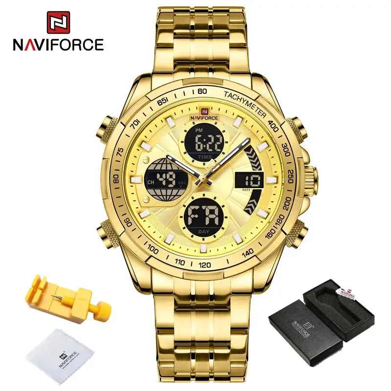 NAVIFORCE men's gold-tone stainless steel watch with dual digital-analog display and waterproof quartz