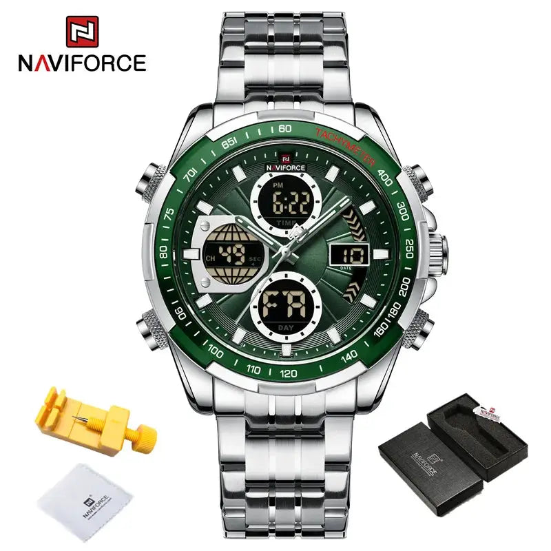 NAVIFORCE stainless steel men's watch with green bezel, analog-digital display and tachymeter; includes tool and box.