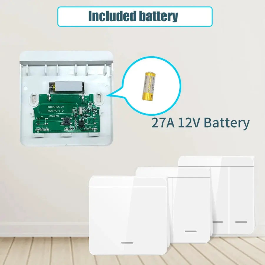 Simples Market wireless RF433 wall switch module with included 27A 12V battery and four white 1/2/3-gang switch plates