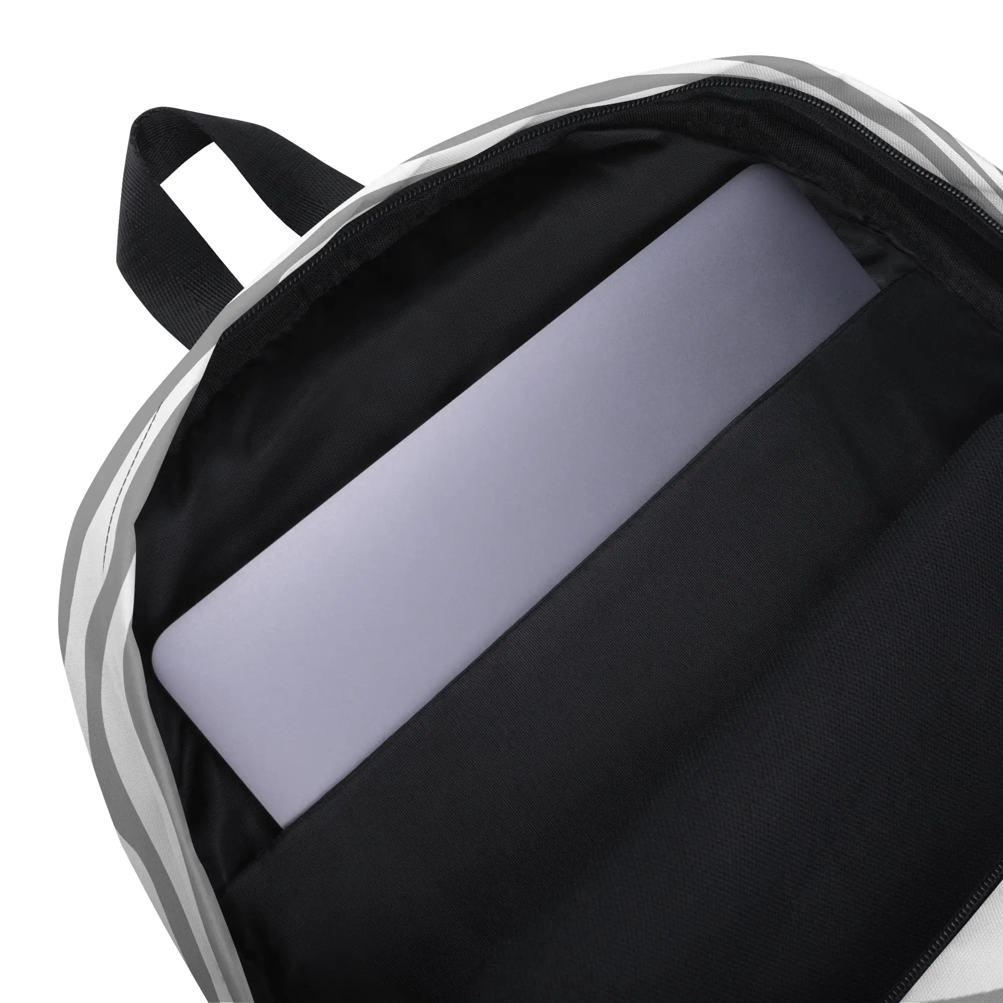 Backpack with black exterior and lavender interior, close-up of top zipper and strap.