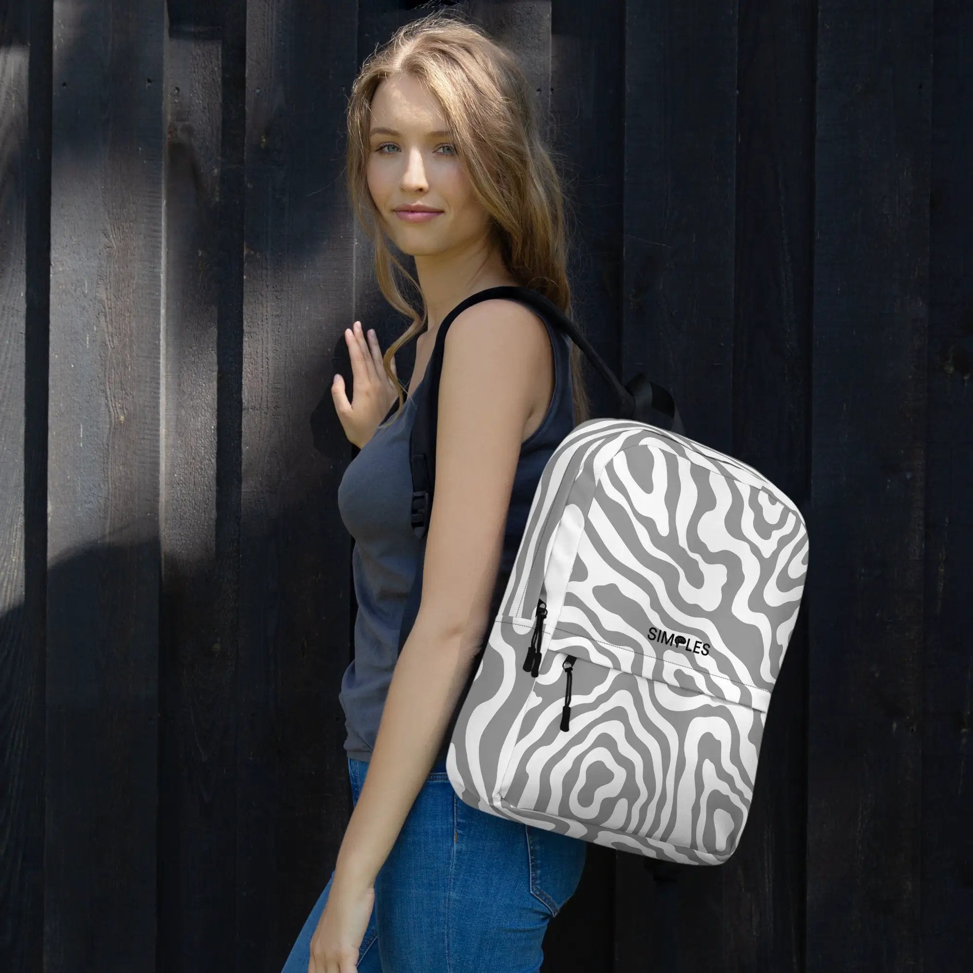 Backpack with gray-and-white zebra pattern by Simples Market