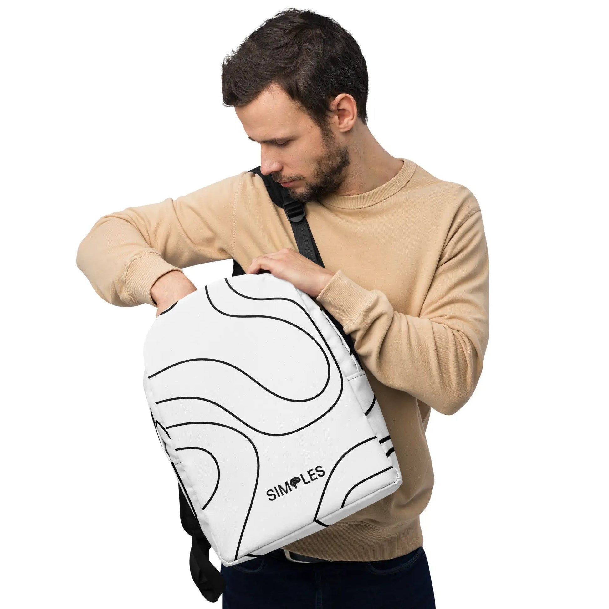 Minimalist backpack, white with black wavy pattern, Simples Market.