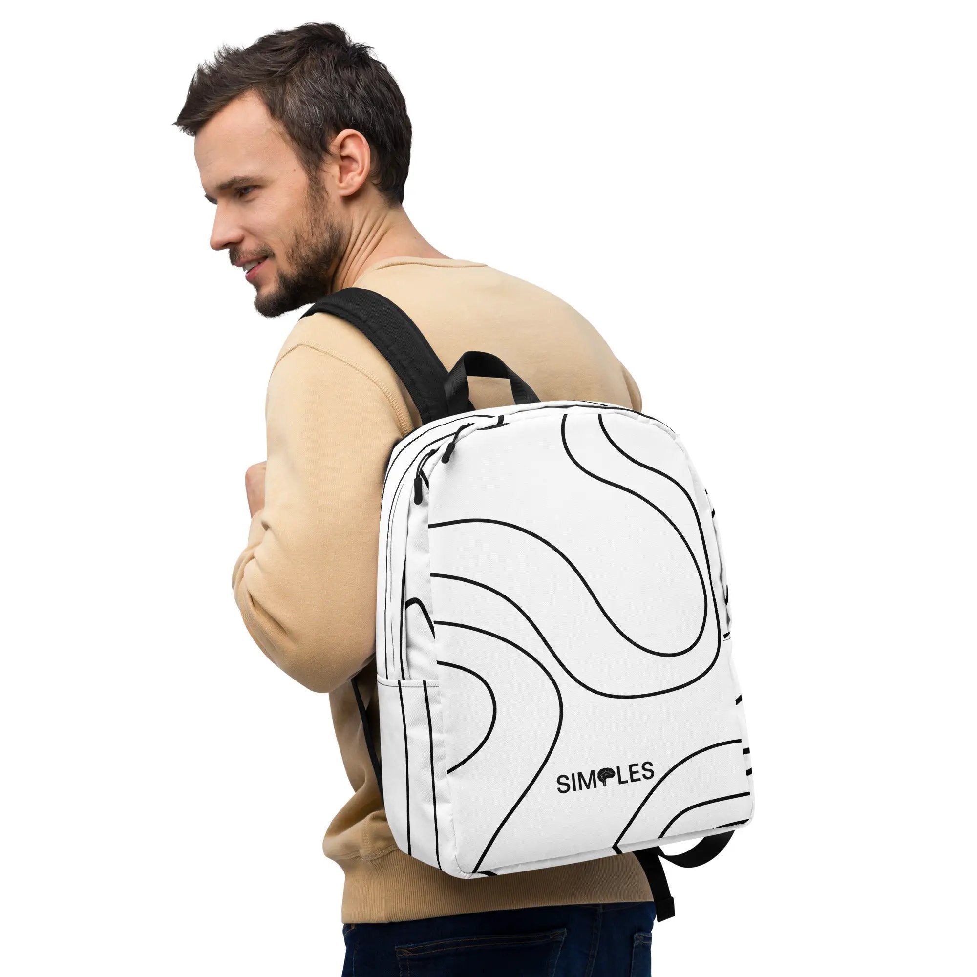 Minimalist backpack by Simples Market, white fabric with black abstract line design