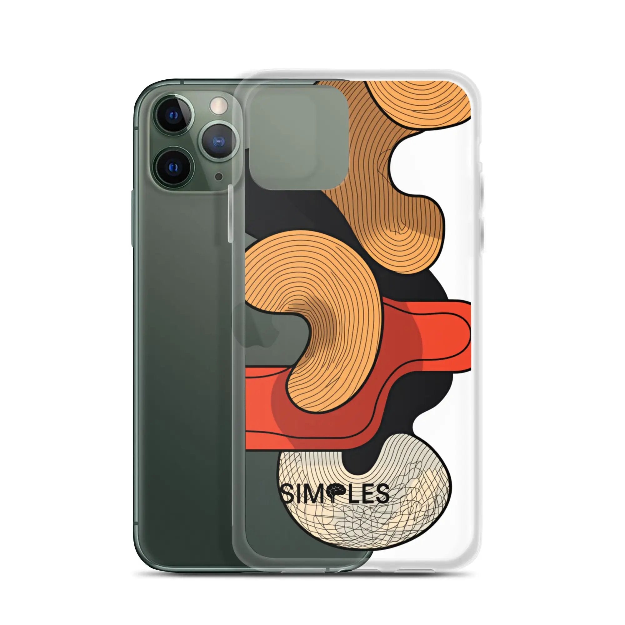 Clear iPhone case by Simples Market; transparent with orange woodgrain pattern.