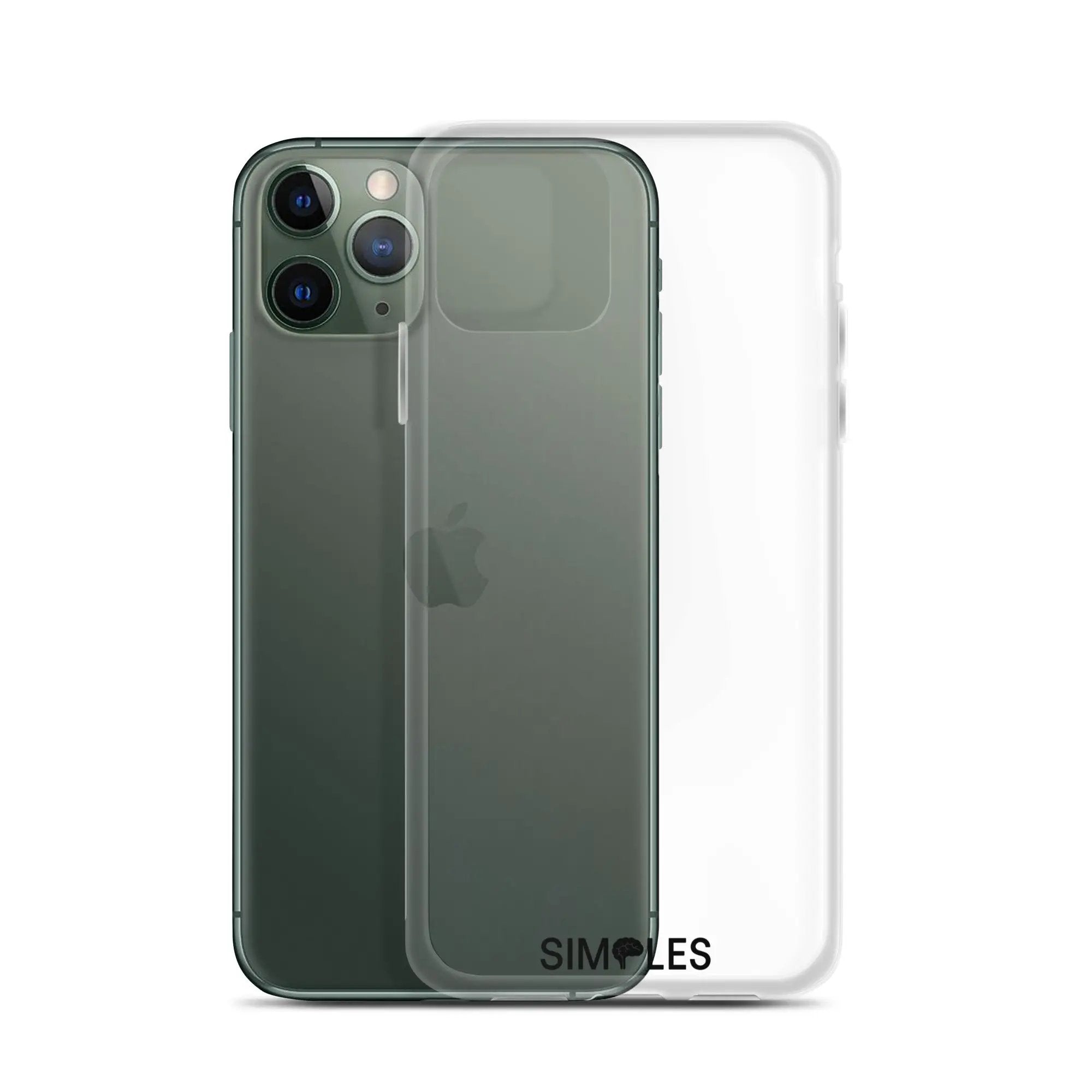 Clear case for iPhone by Simples Market; transparent shell shown on a green iPhone
