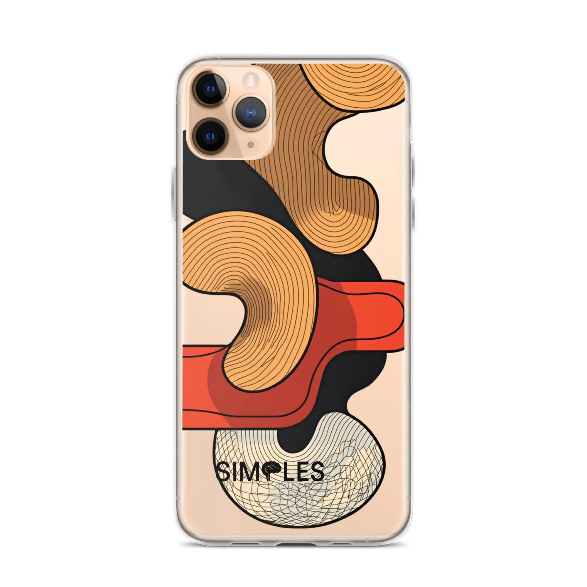 Clear iPhone case by Simples Market; abstract orange-brown pattern visible through a transparent shell.