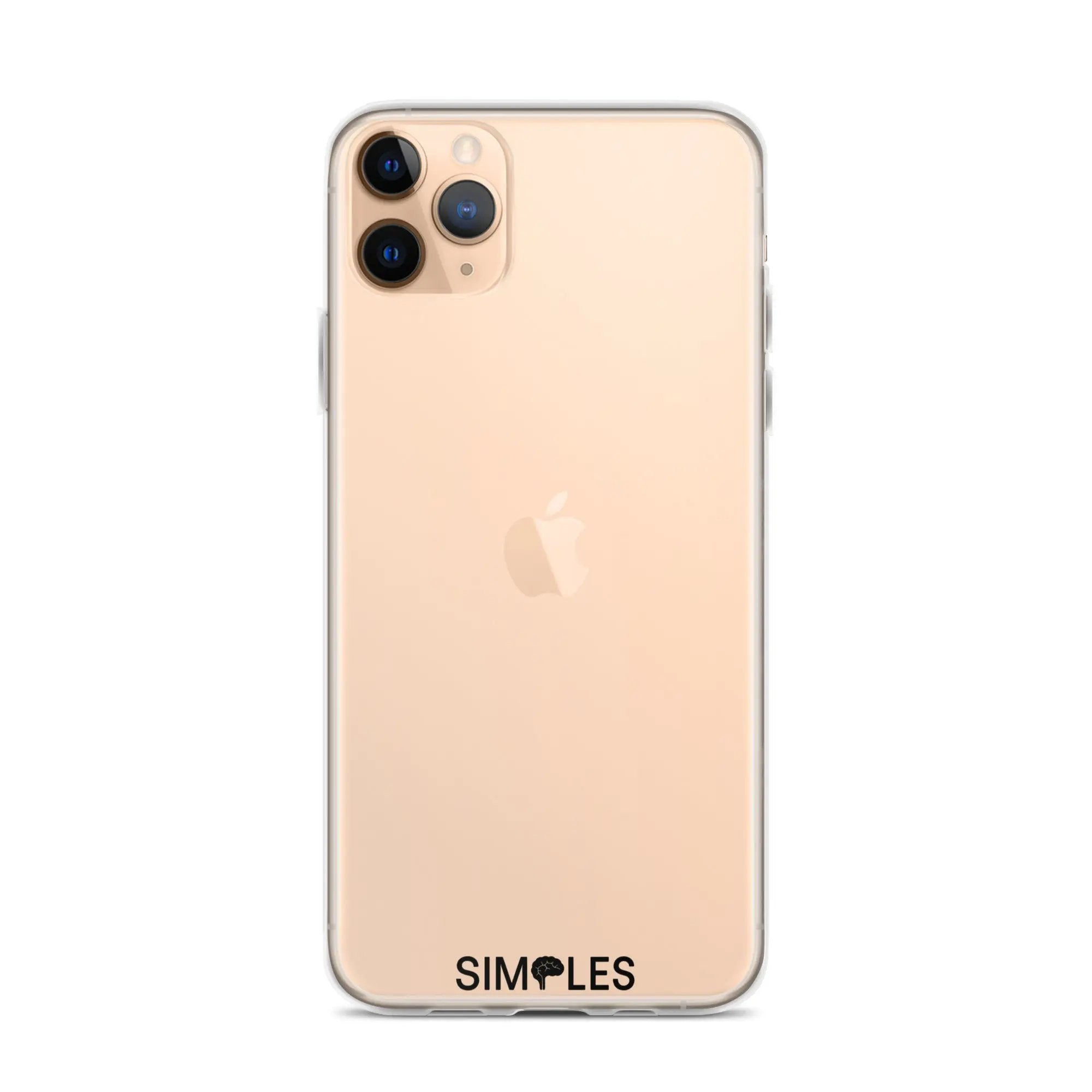 Clear Case for iPhone by Simples Market; transparent back with white bumper on gold iPhone.