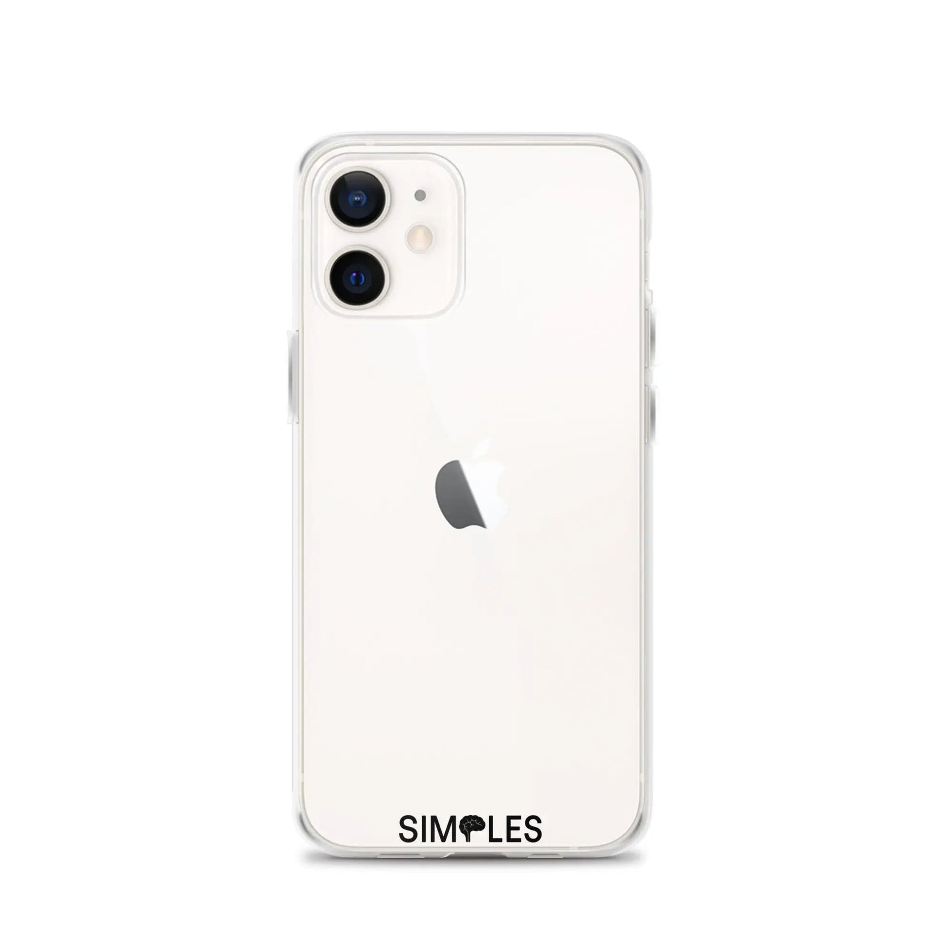 Clear iPhone case on a white iPhone; Simples Market branding visible
