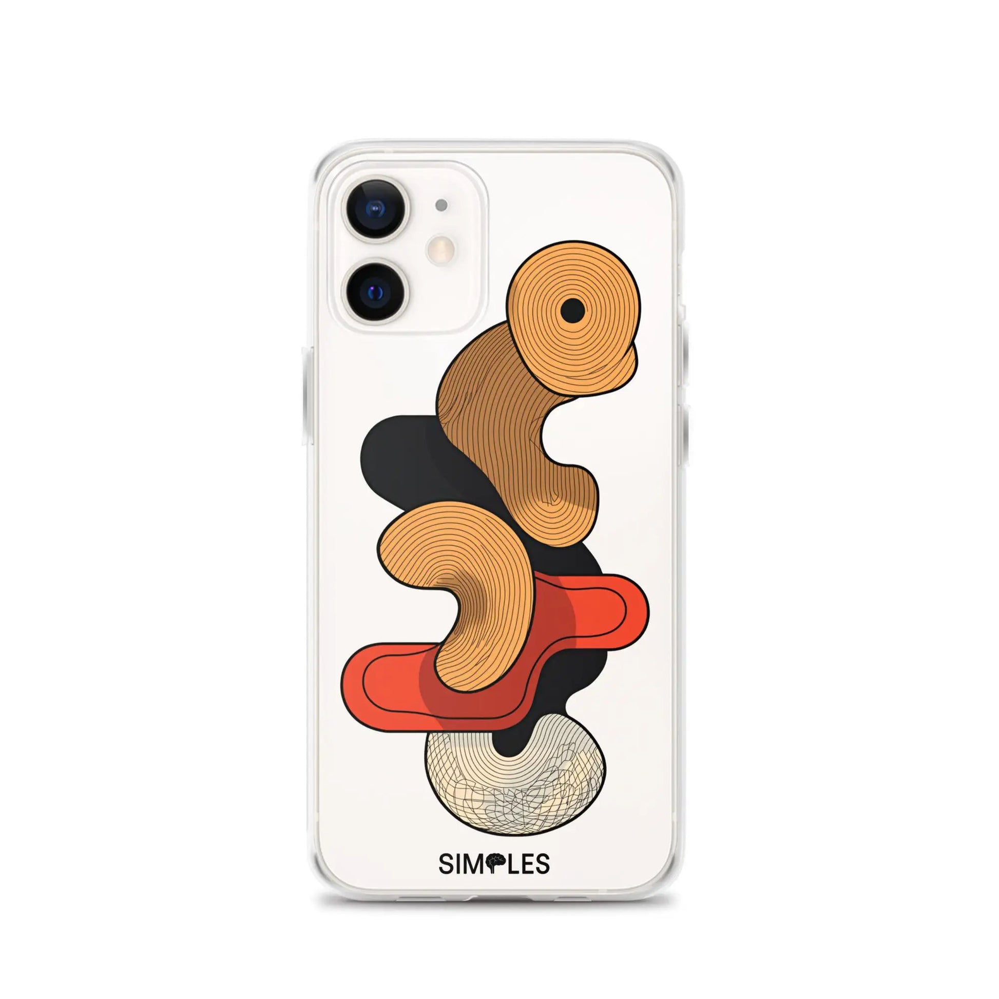 Clear iPhone case with orange spiral graphic; Simples Market brand.