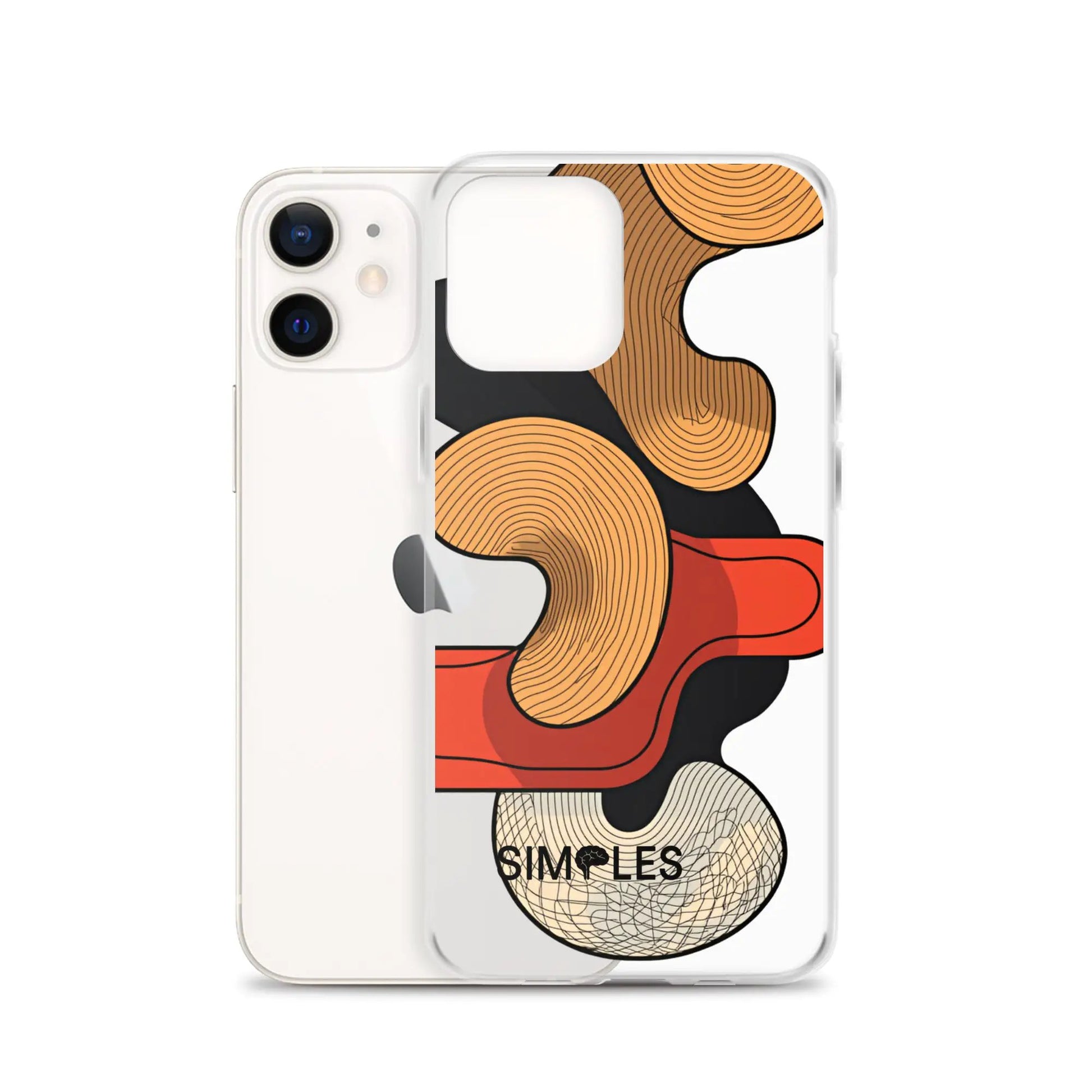 Clear Case for iPhone by Simples Market; two phones in clear cases with orange abstract artwork.