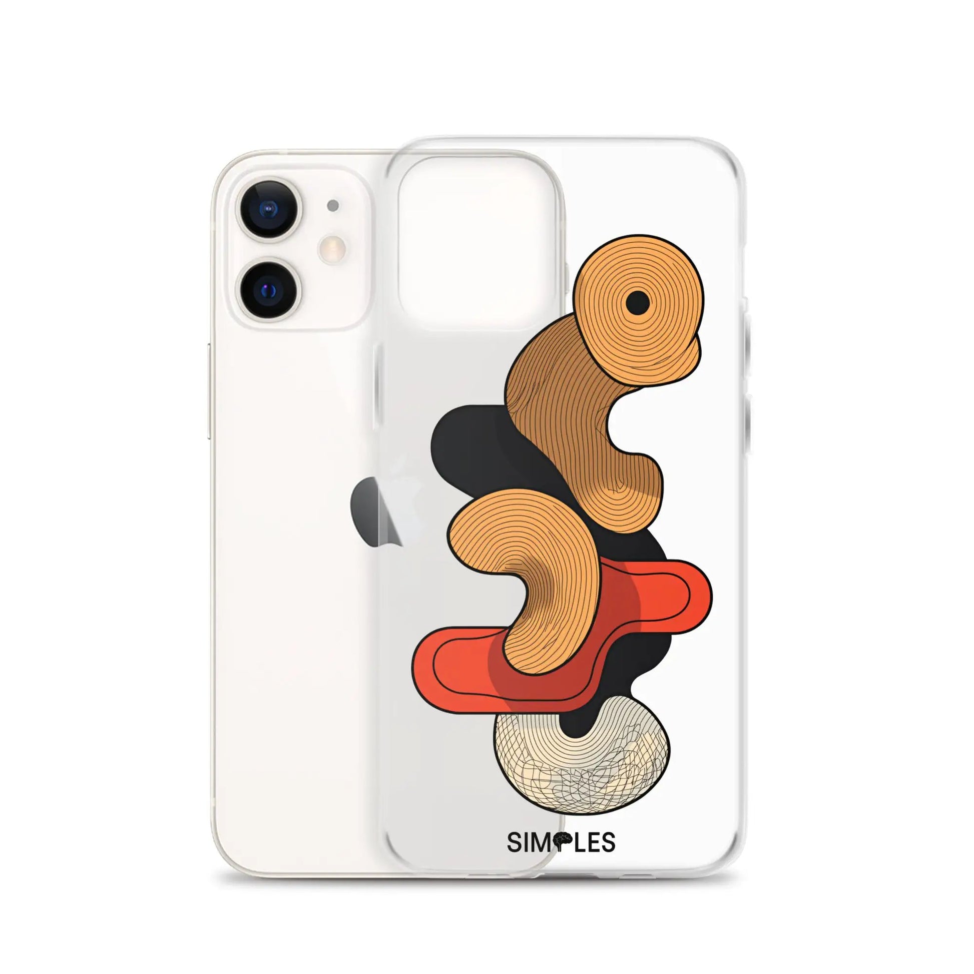 Clear iPhone case by Simples Market shown on two devices with an orange swirl pattern