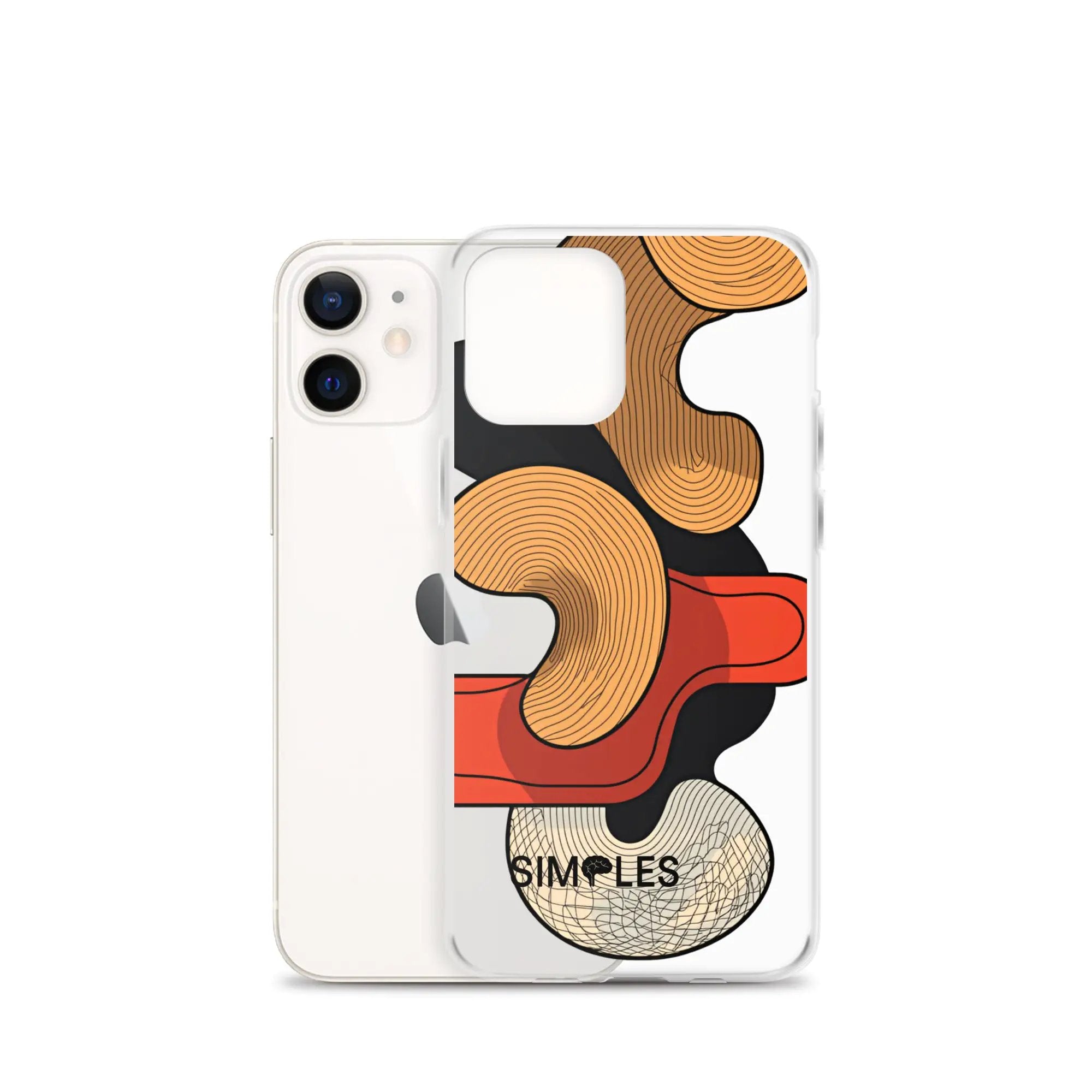 Clear case for iPhone by Simples Market, transparent with orange abstract pattern, shown on 2 phones