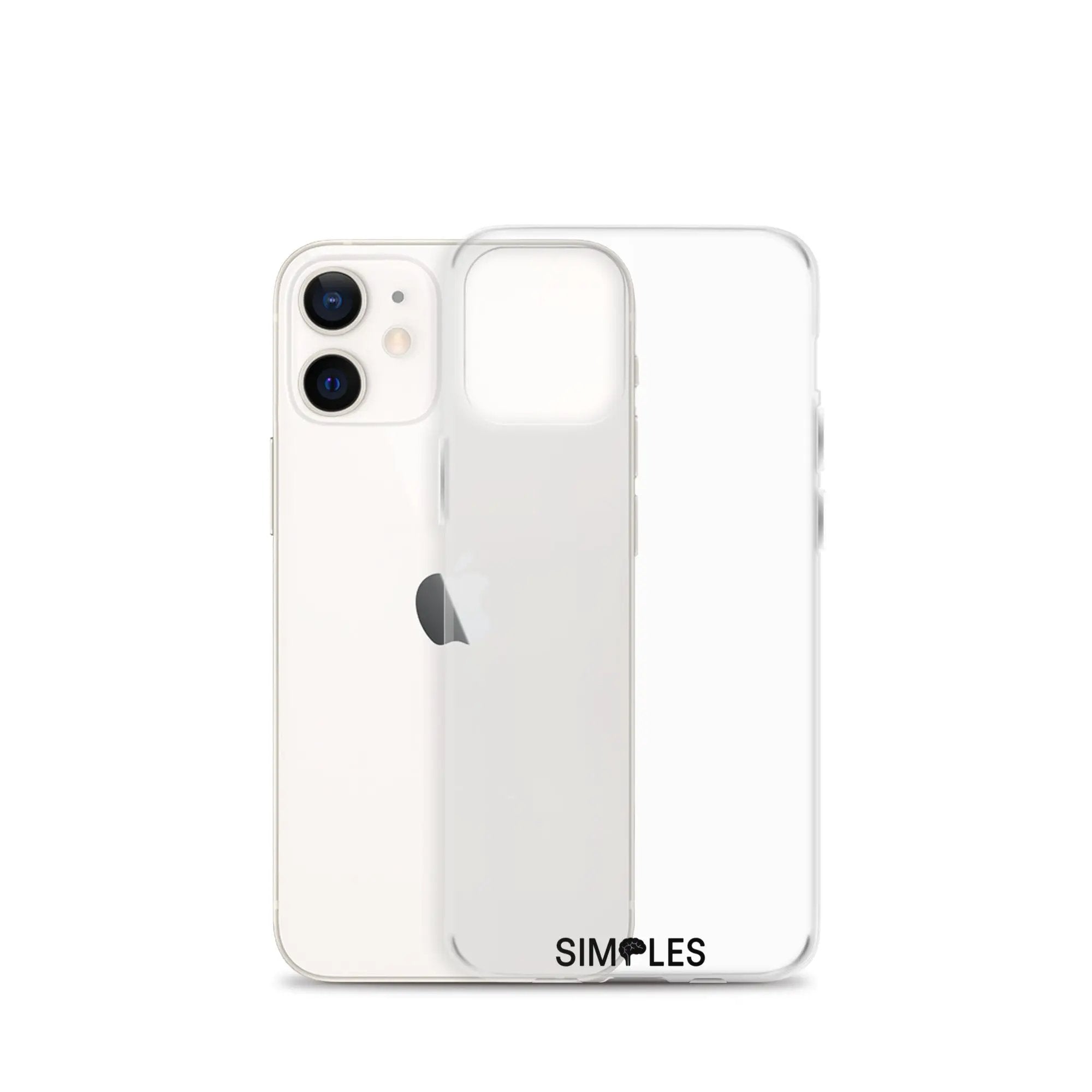 Clear Case for iPhone by Simples Market; transparent case shown on two iPhones with visible Apple logo.
