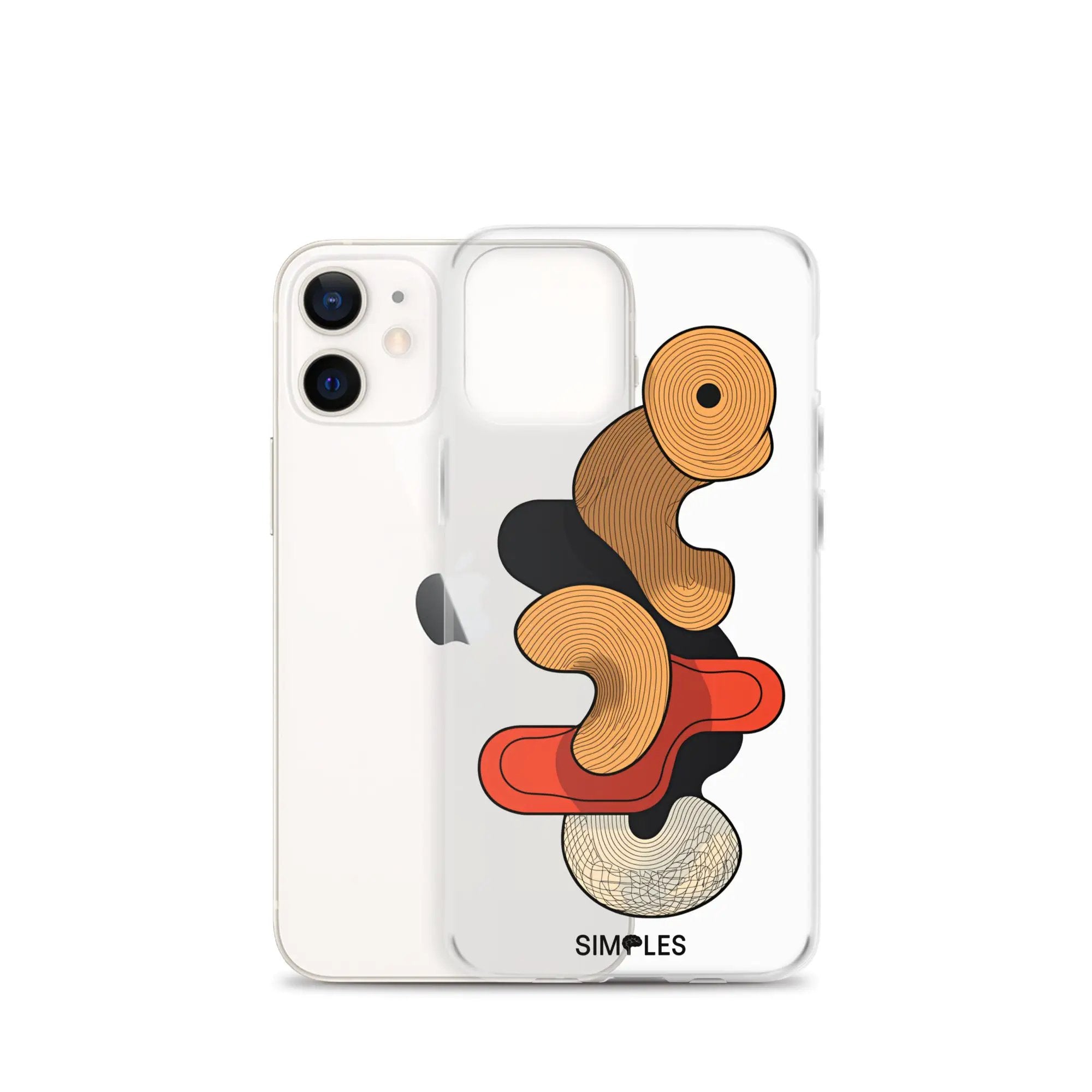 Clear iPhone case by Simples Market; two transparent cases with orange abstract coil artwork.