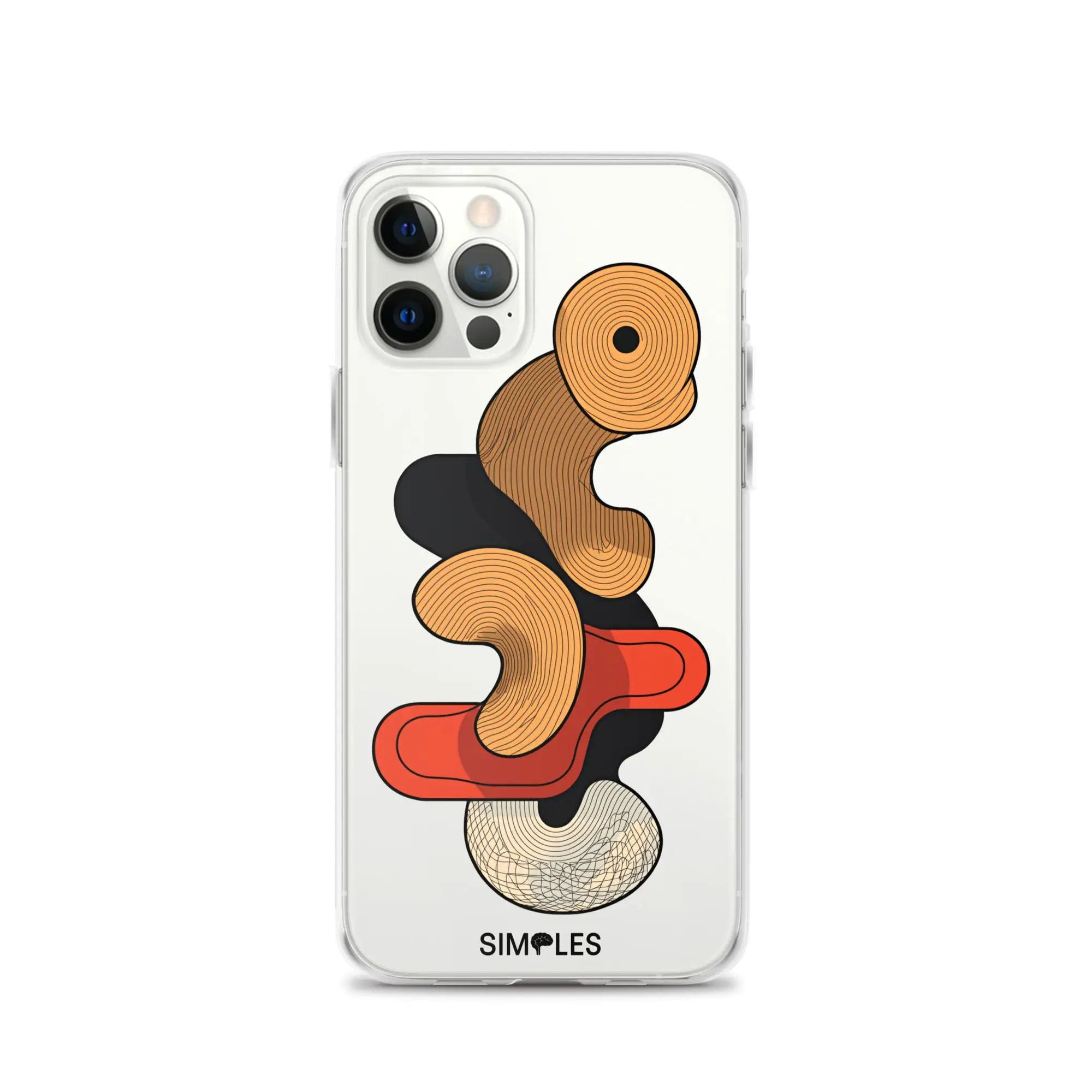 Clear case for iPhone by Simples Market; transparent back with orange swirl graphic.