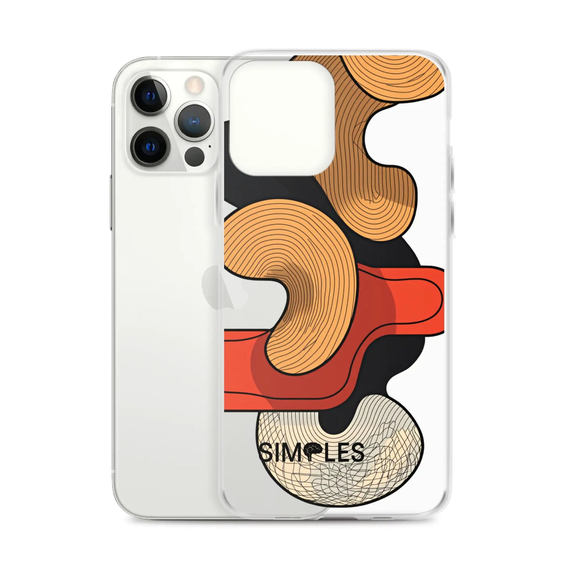 Clear case for iPhone by Simples Market; two phones shown with bold orange abstract artwork.