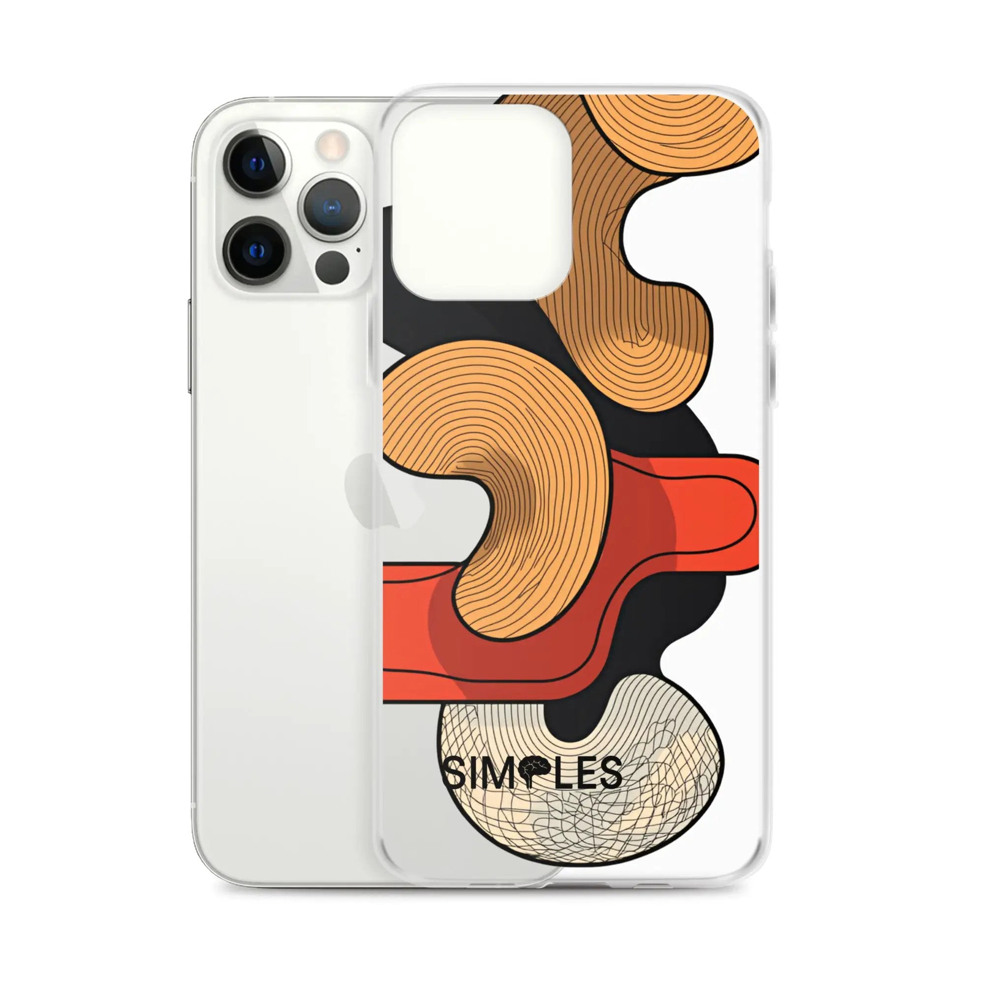 Clear case for iPhone by Simples Market; two phones shown with bold orange abstract artwork.
