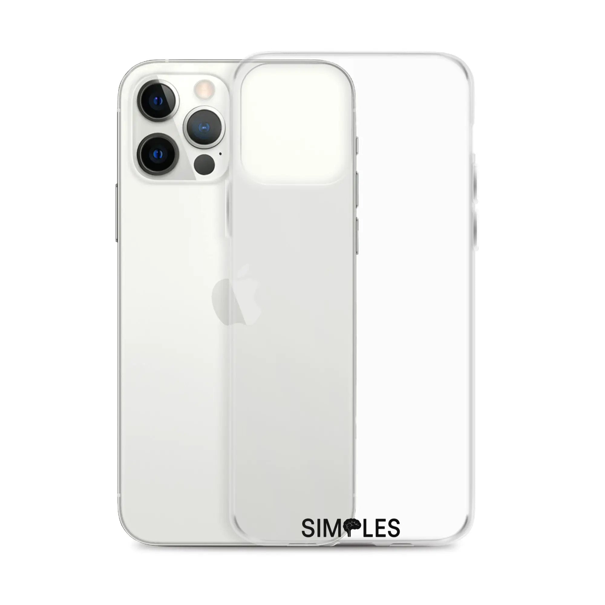 Clear Case for iPhone by Simples Market; transparent shell shown on two white iPhones, with camera cutouts.