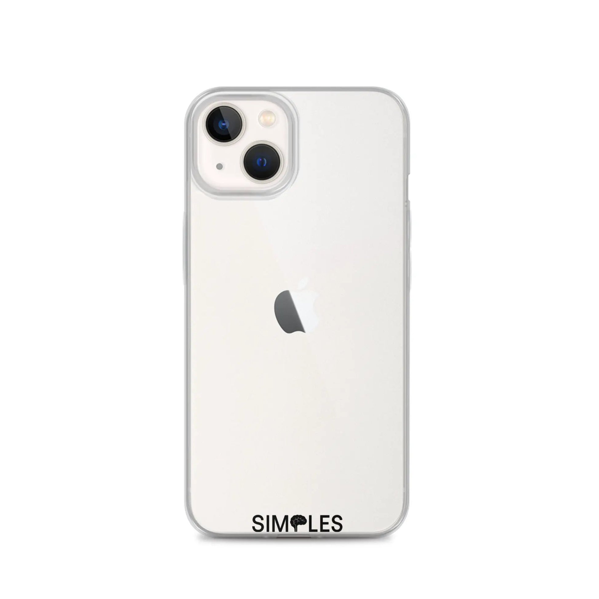 Clear iPhone case by Simples Market; transparent back with visible camera area.