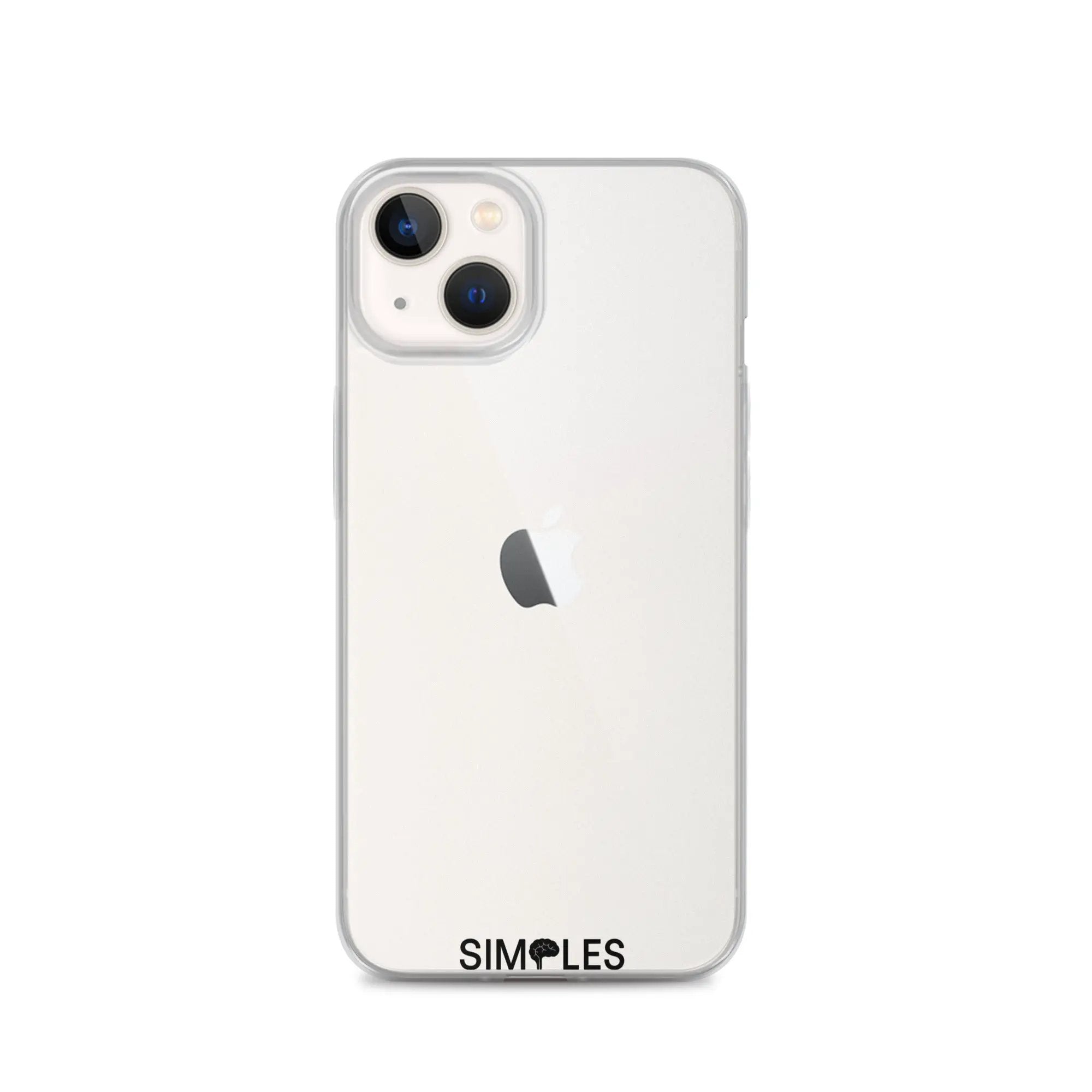 Clear iPhone case by Simples Market; transparent back with visible camera area.