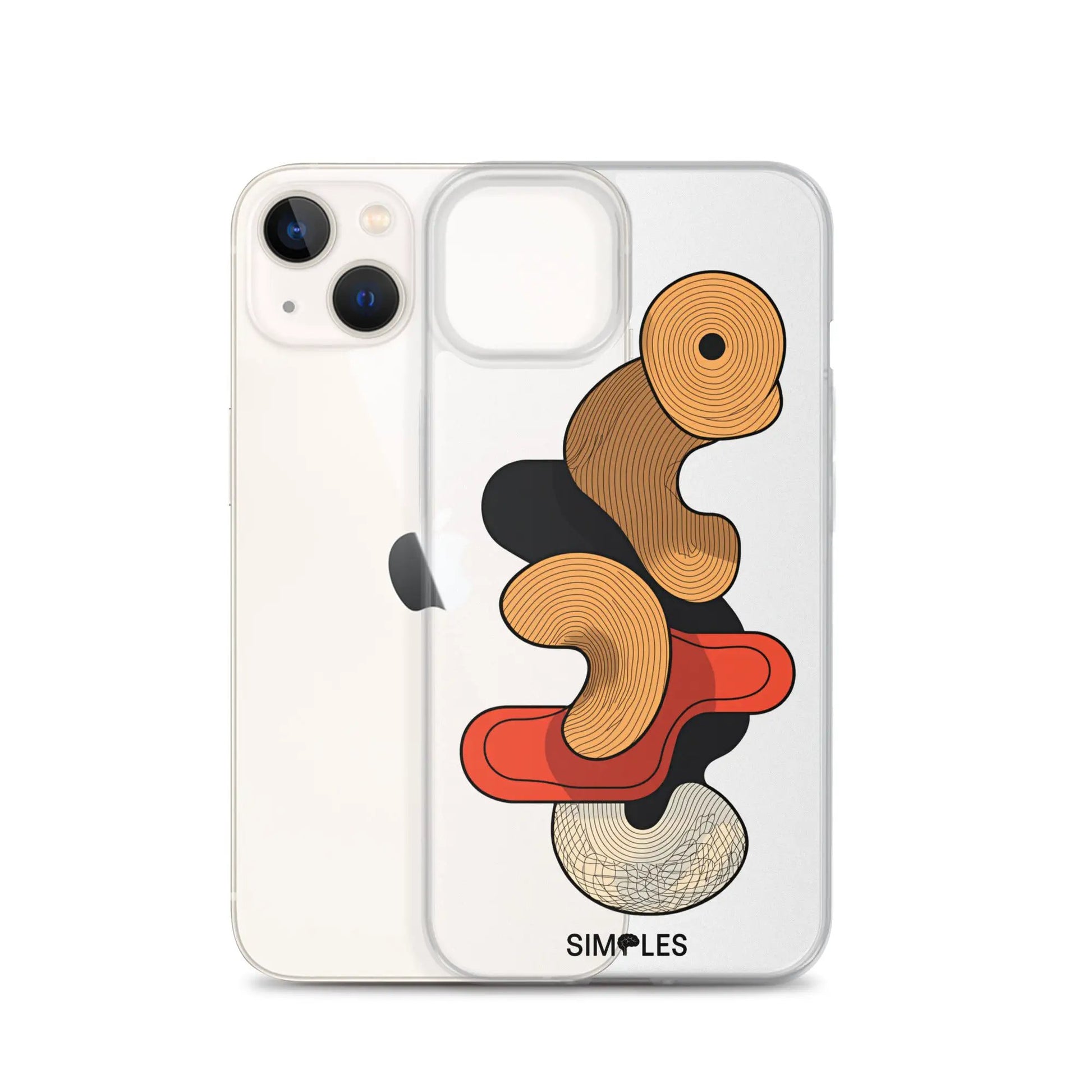 Two clear iPhone cases by Simples Market, one features orange spiral artwork.