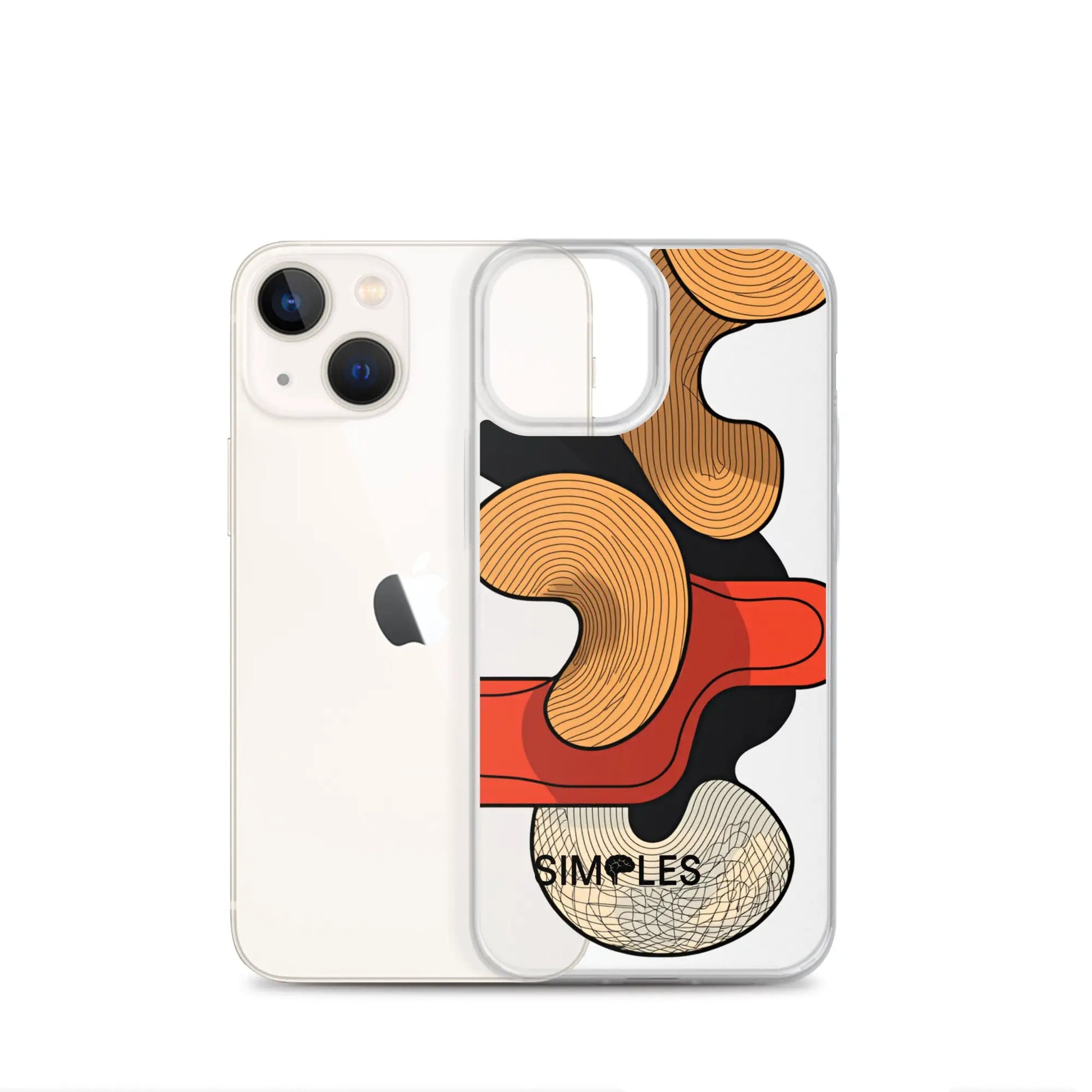 Clear Case for iPhone by Simples Market; transparent case shown with two iPhones, one featuring orange abstract art.