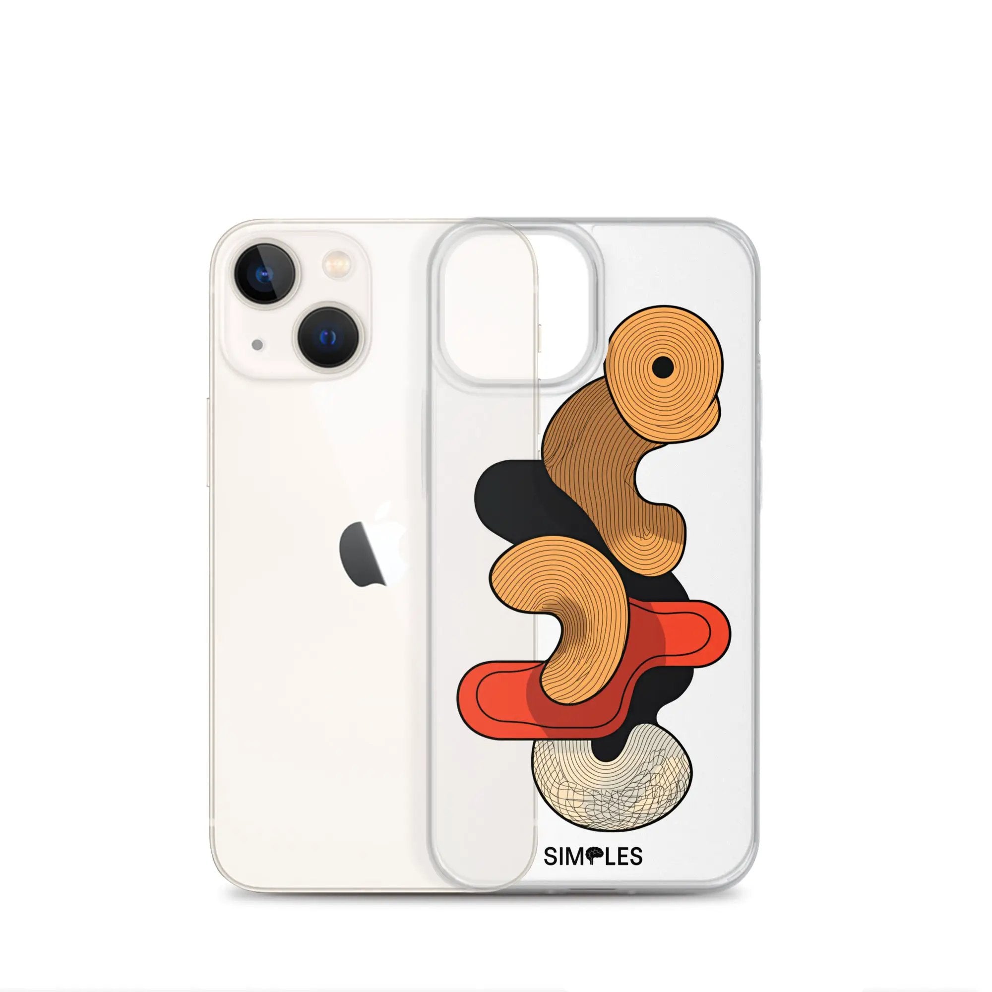 Two clear iPhone cases by Simples Market; transparent with orange swirl artwork.