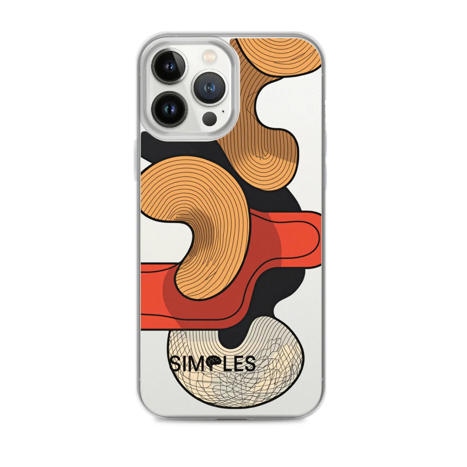 Clear iPhone case by Simples Market with orange abstract pattern on back, visible camera-cutout detail.