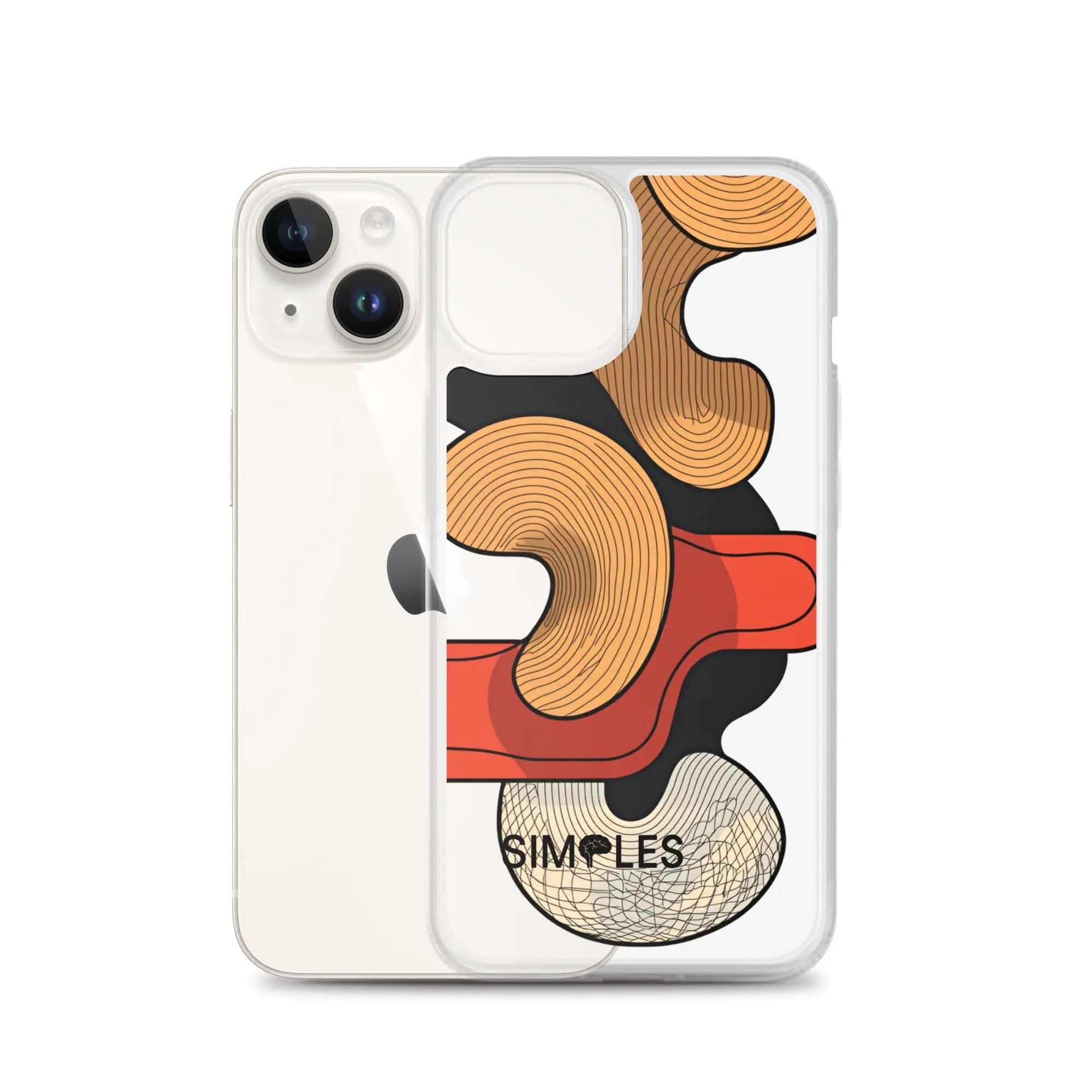 Clear Case for iPhone by Simples Market; transparent case shown on two iPhones in front and back views.