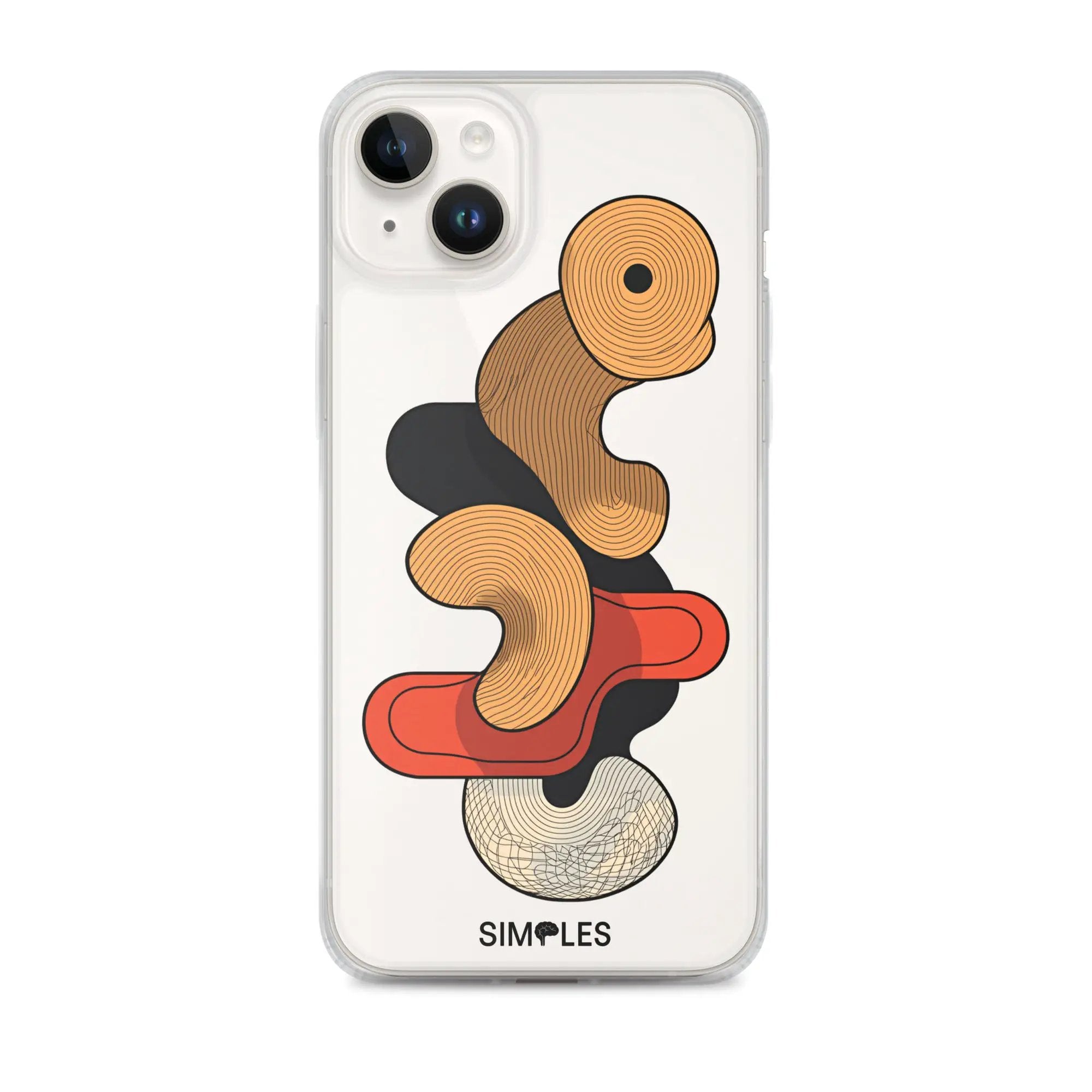 Clear iPhone case by Simples Market with transparent back and orange spiral artwork.