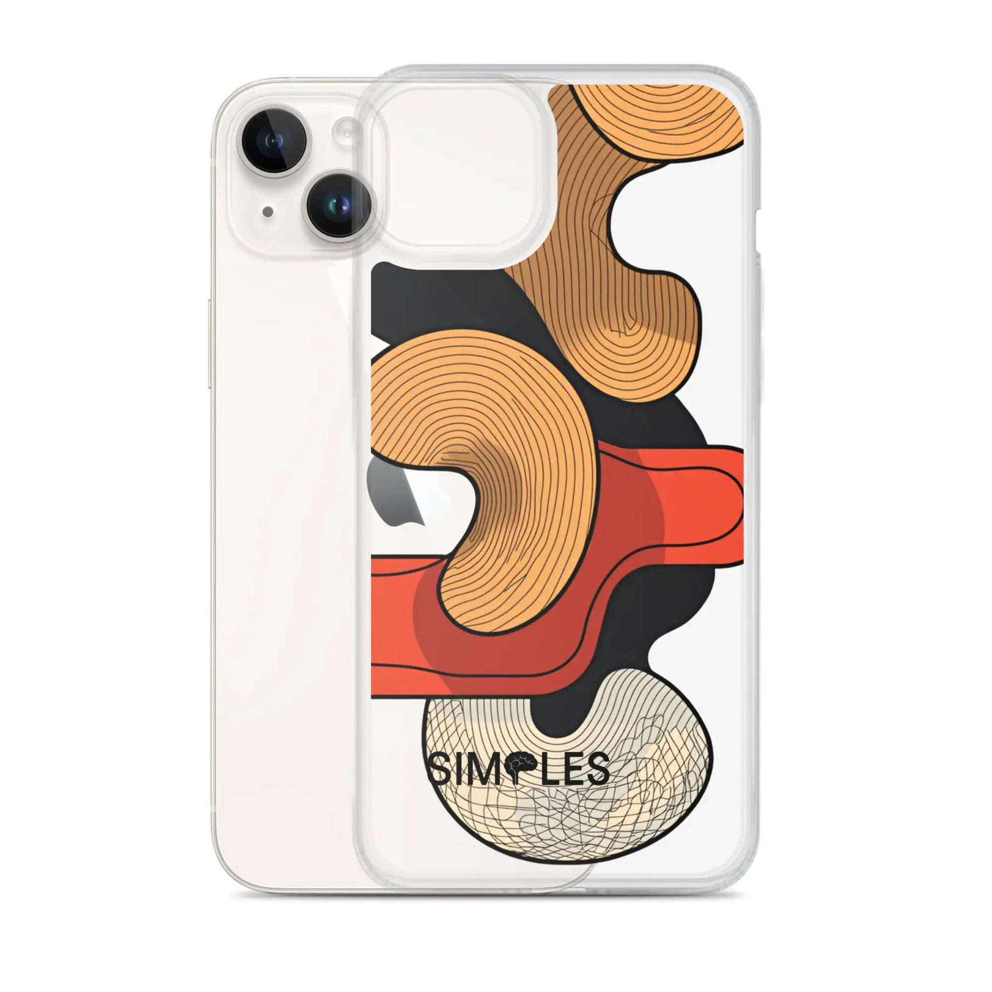 Clear iPhone case by Simples Market; transparent back reveals white iPhone with orange abstract wallpaper.