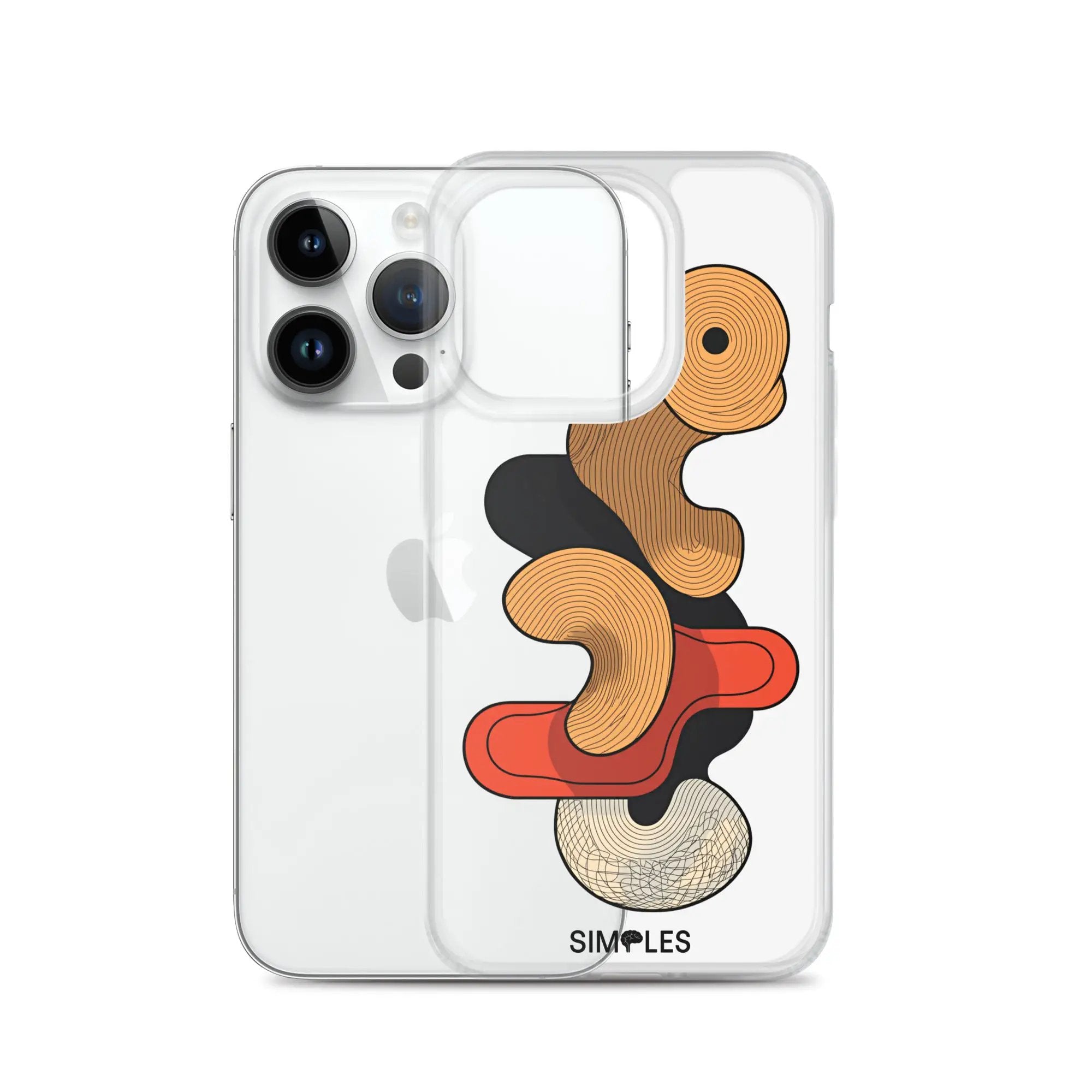 Clear iPhone case by Simples Market; transparent shell with bold orange wavy design and camera cutout.