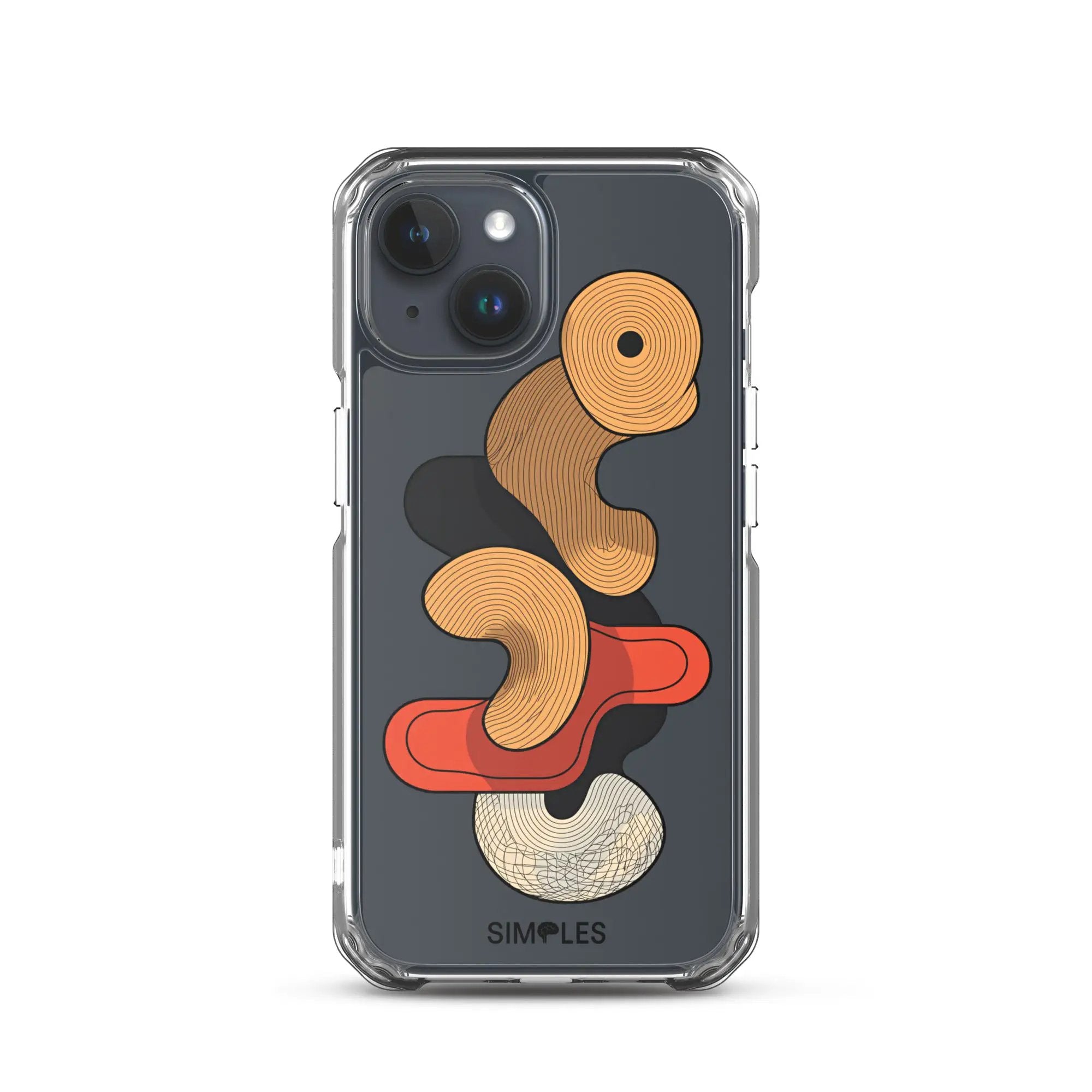 Clear case for iPhone by Simples Market; transparent bumper with orange circular artwork on dark phone