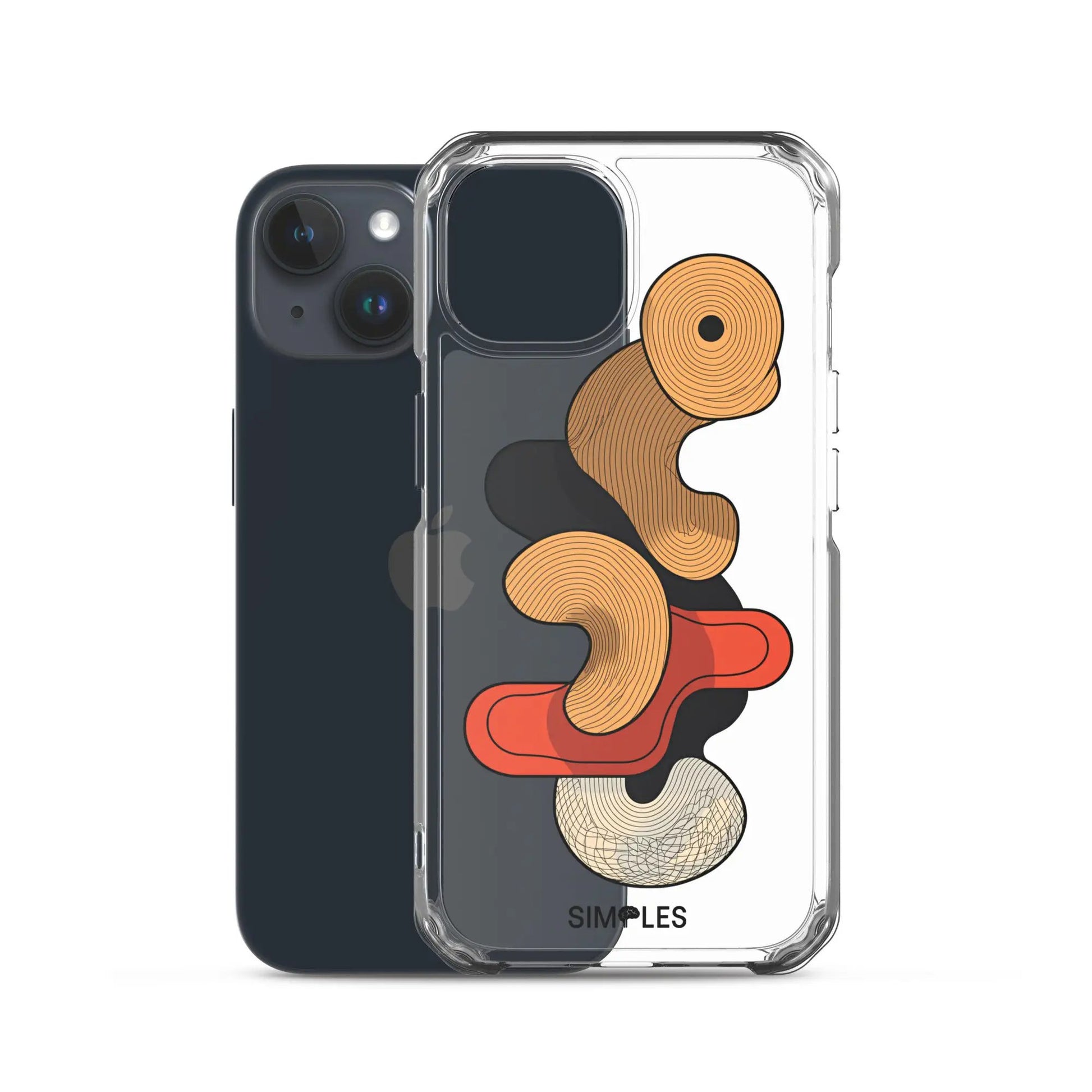 Clear iPhone case by Simples Market shown over a dark iPhone with orange swirl artwork on the back.