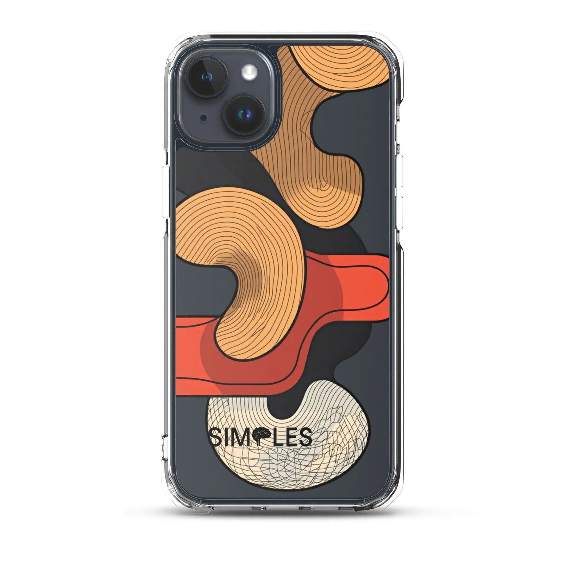Clear iPhone case by Simples Market; transparent shell with precise camera cutouts.
