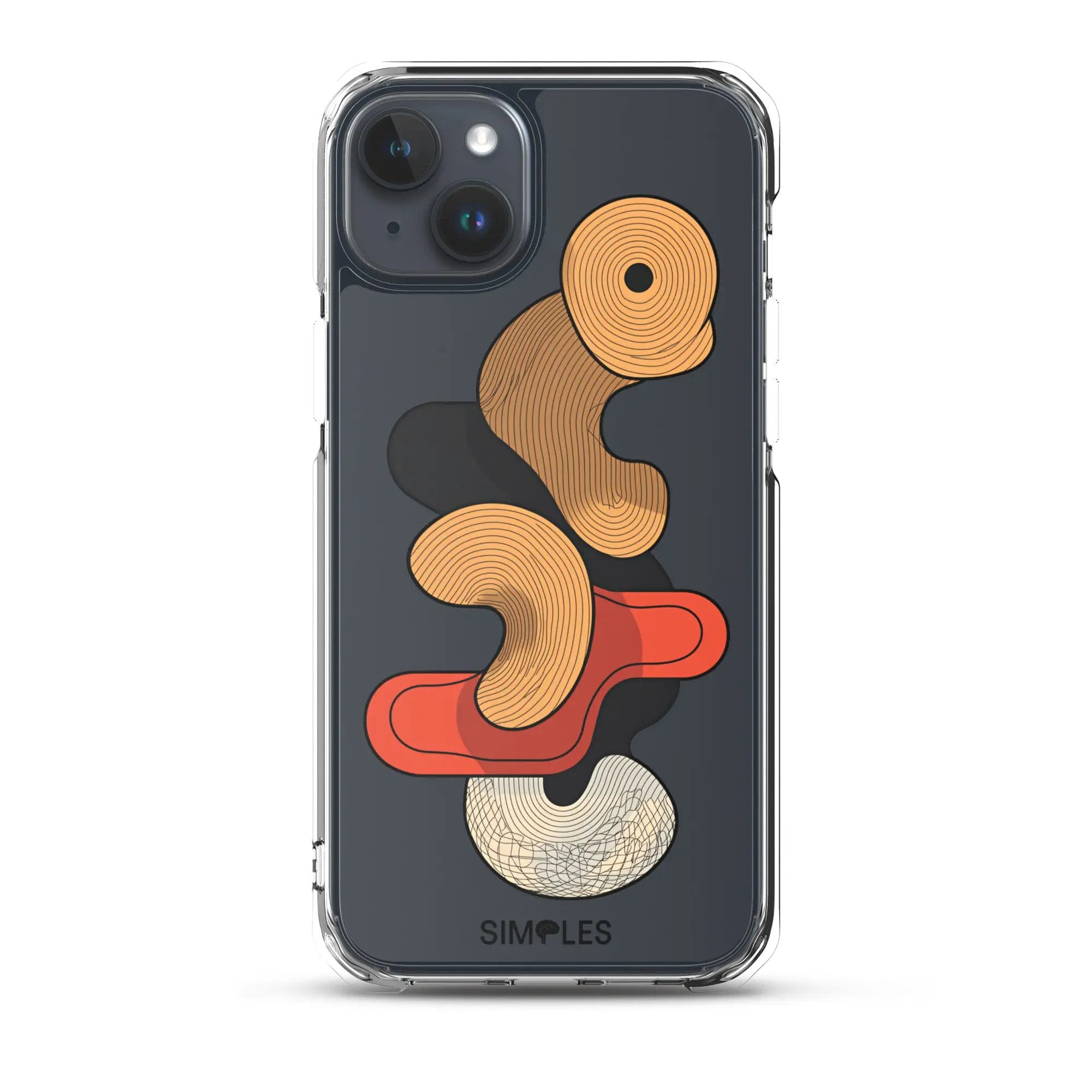 Clear iPhone case by Simples Market with orange concentric-ring pattern visible through the transparent shell