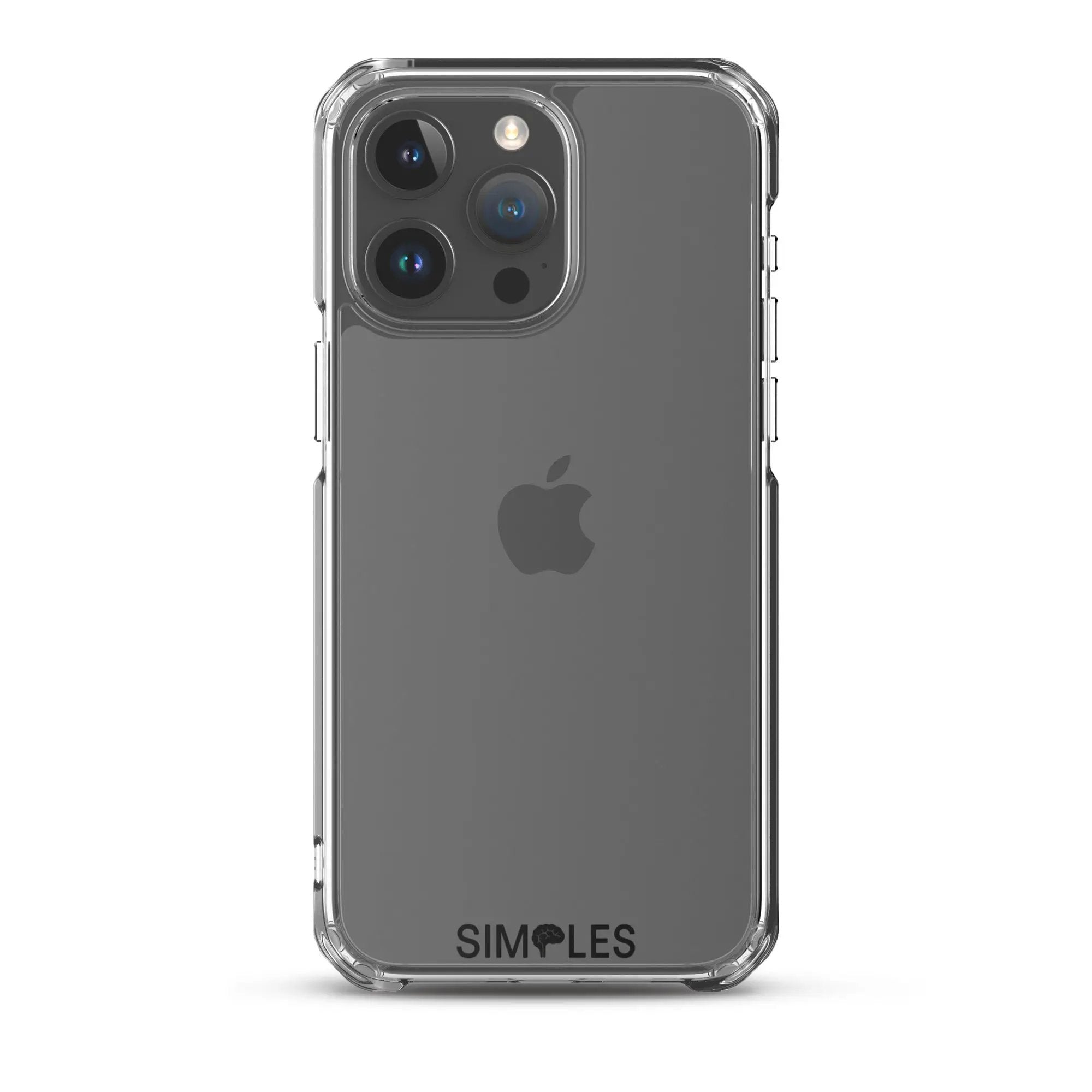 Clear iPhone case by Simples Market; transparent bumper cover on a gray iPhone with triple-camera array.