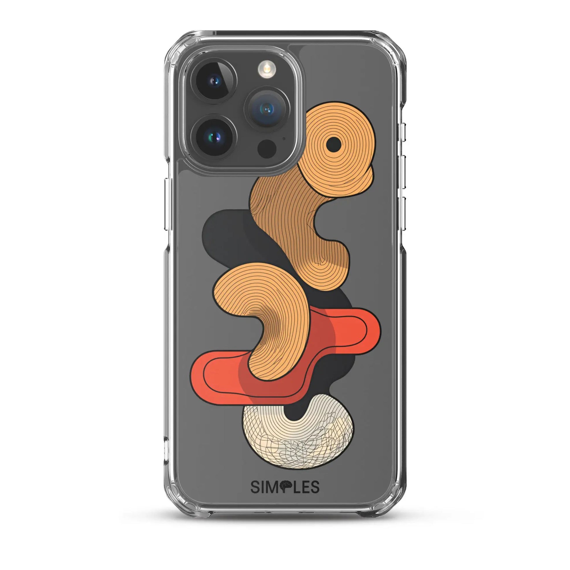 Clear iPhone case by Simples Market; transparent back with orange concentric swirl pattern and camera cutouts