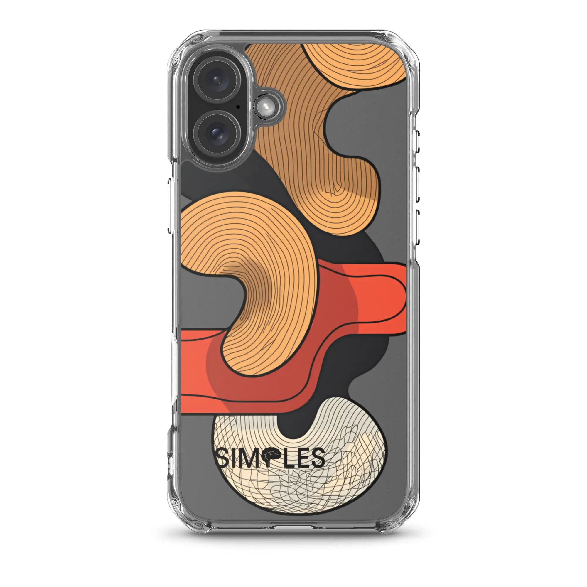 Clear Case for iPhone by Simples Market; transparent shell with orange wood-grain back pattern.