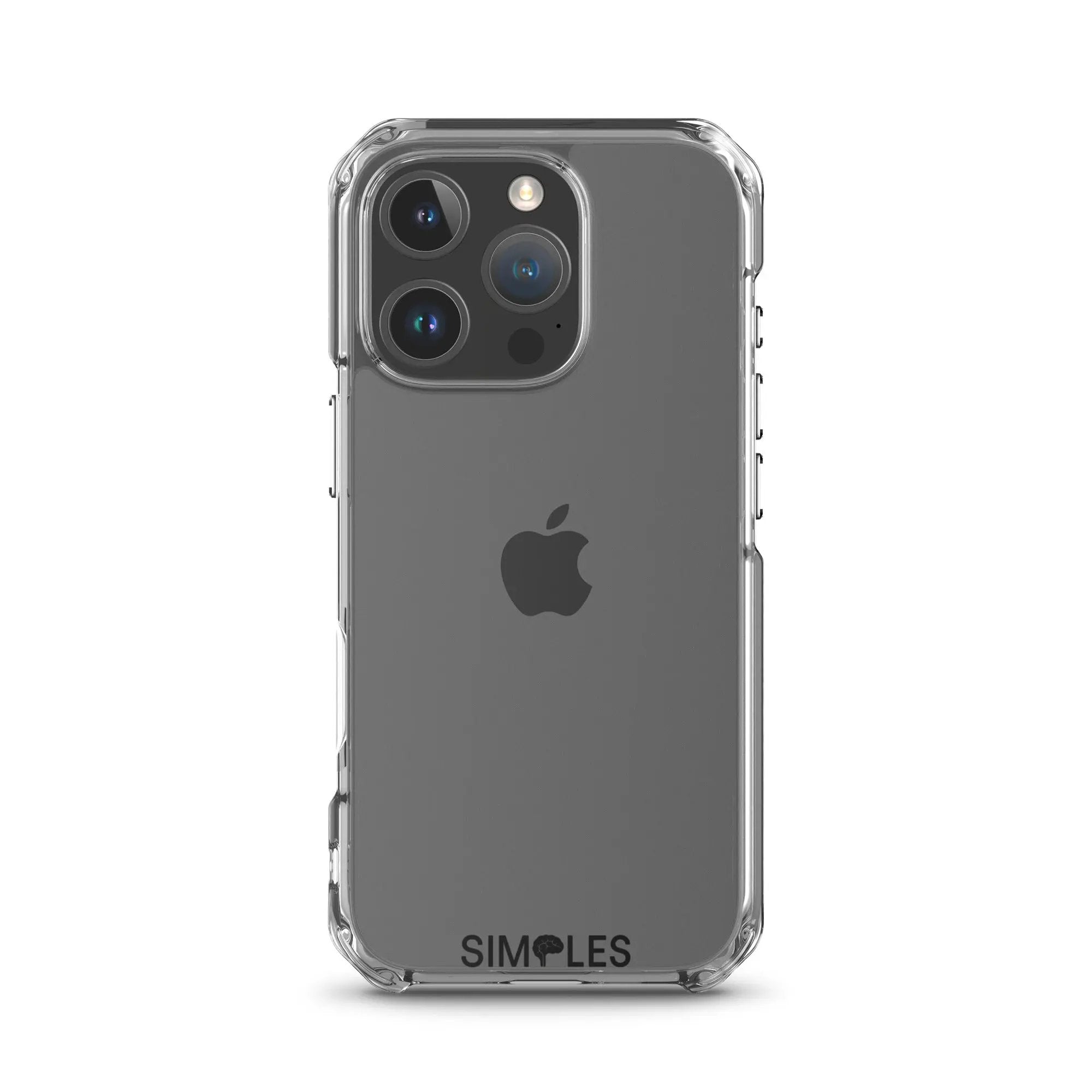 Clear iPhone case by Simples Market, transparent bumper showcasing the triple-camera module.