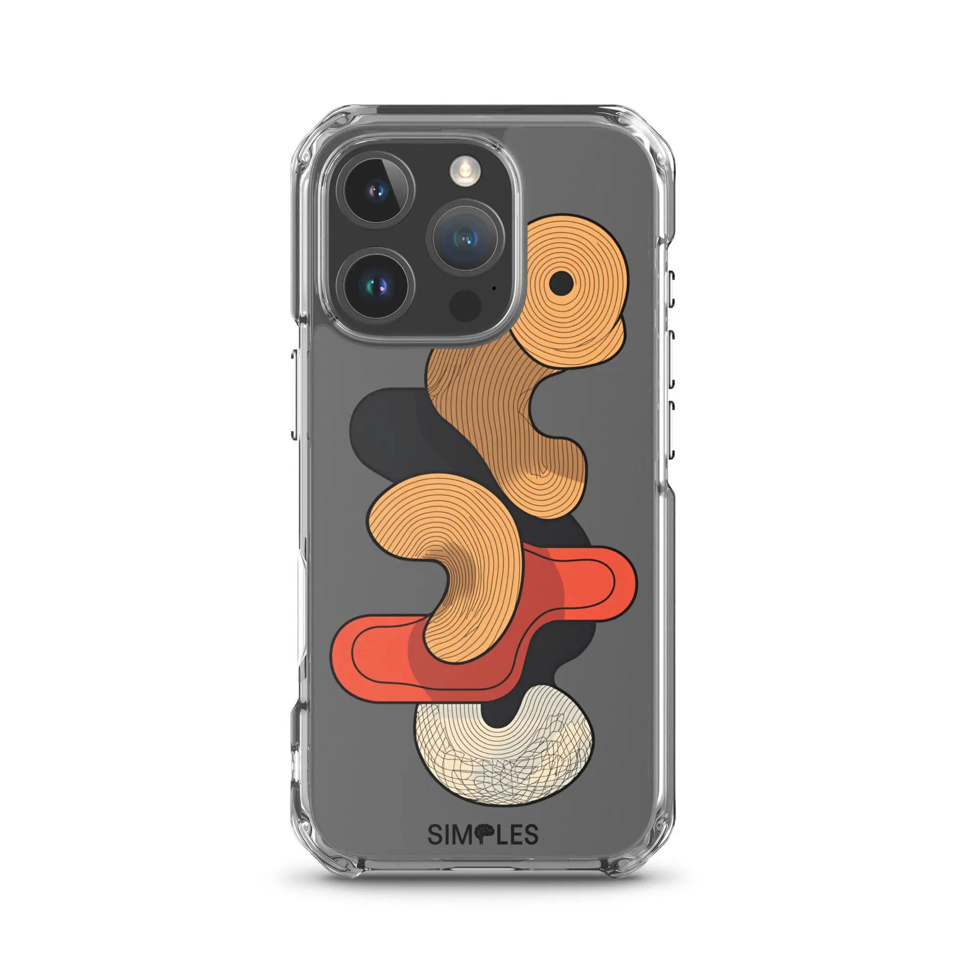Clear iPhone case by Simples Market with transparent bumper and bold orange circular pattern on the back.