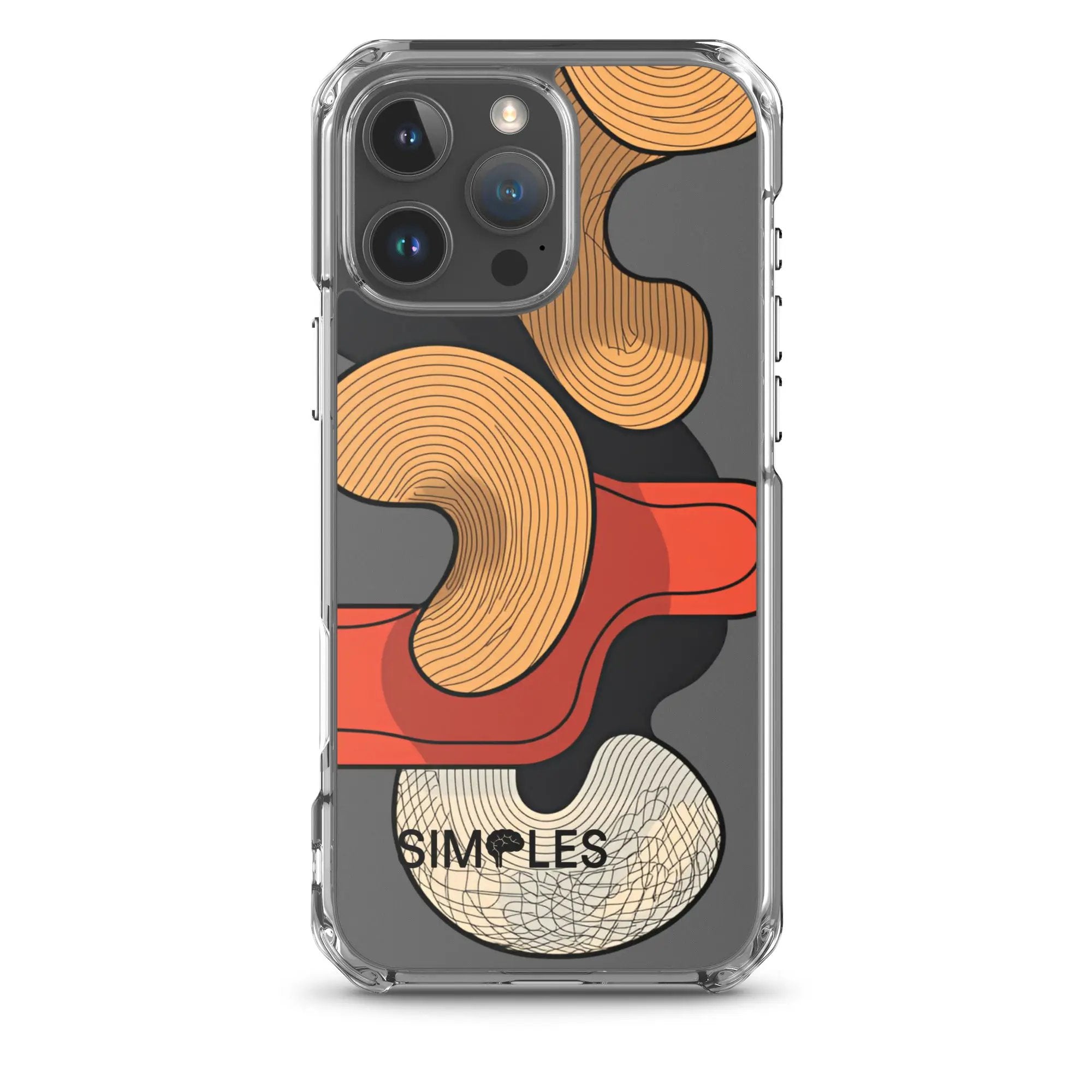 Clear iPhone case by Simples Market with orange wood-grain back design.