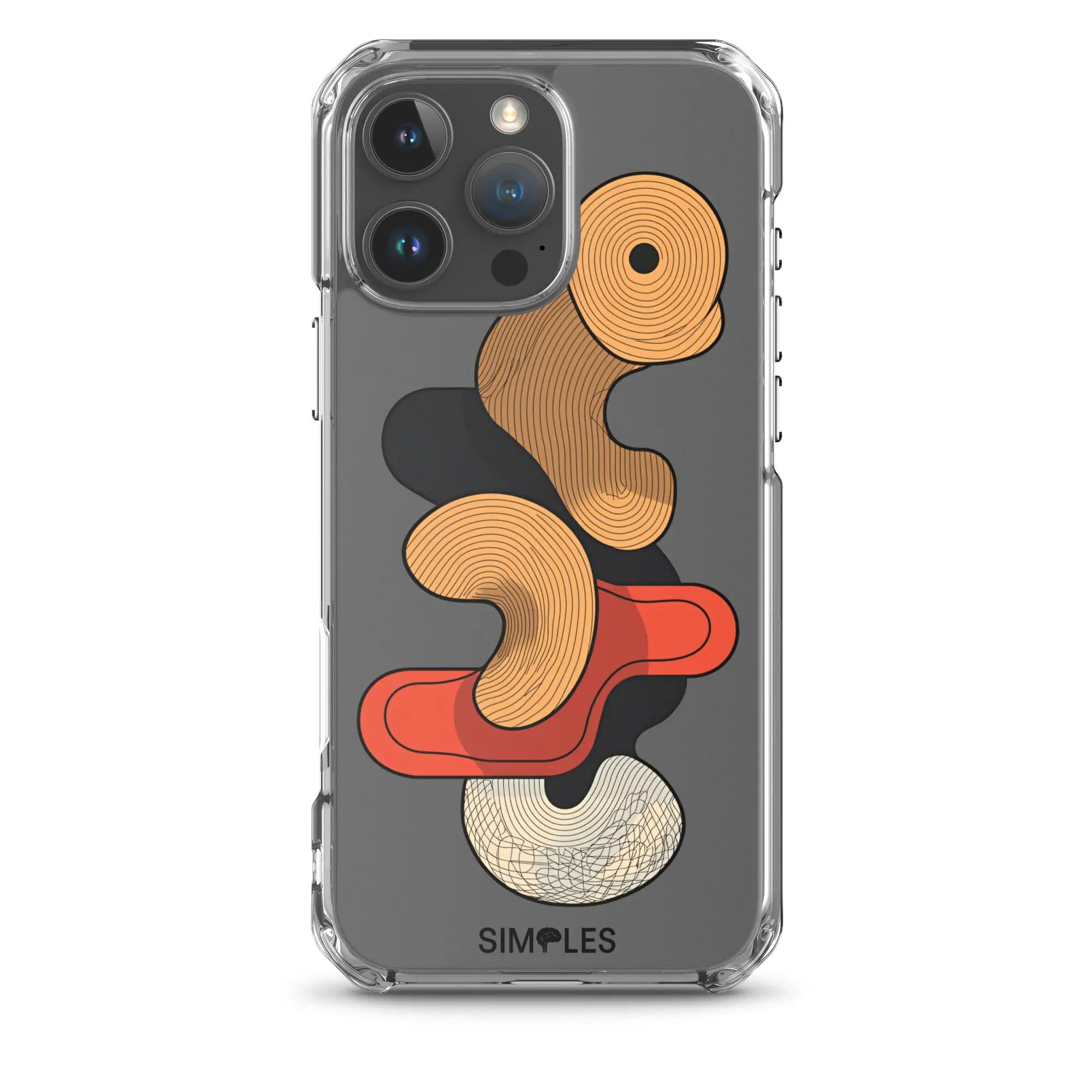 Clear iPhone case by Simples Market with orange woodgrain swirl back design.