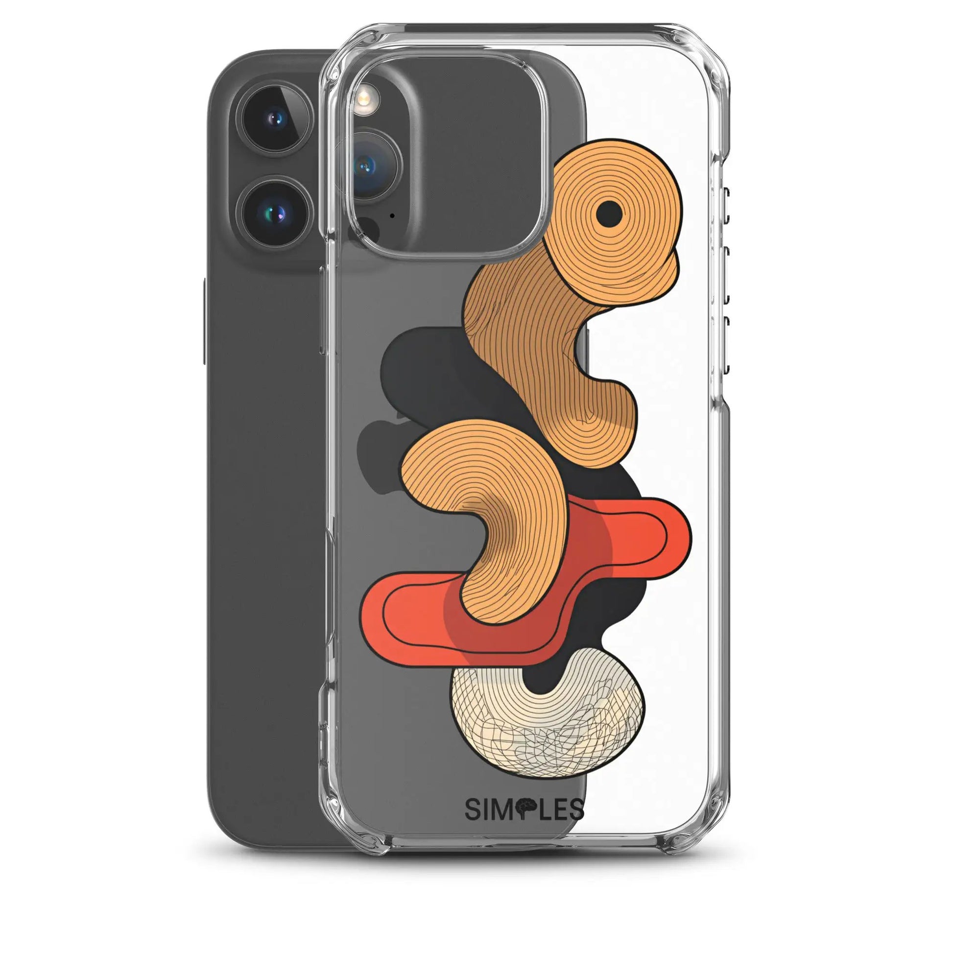 Clear iPhone case by Simples Market; transparent shell with orange abstract swirl pattern.