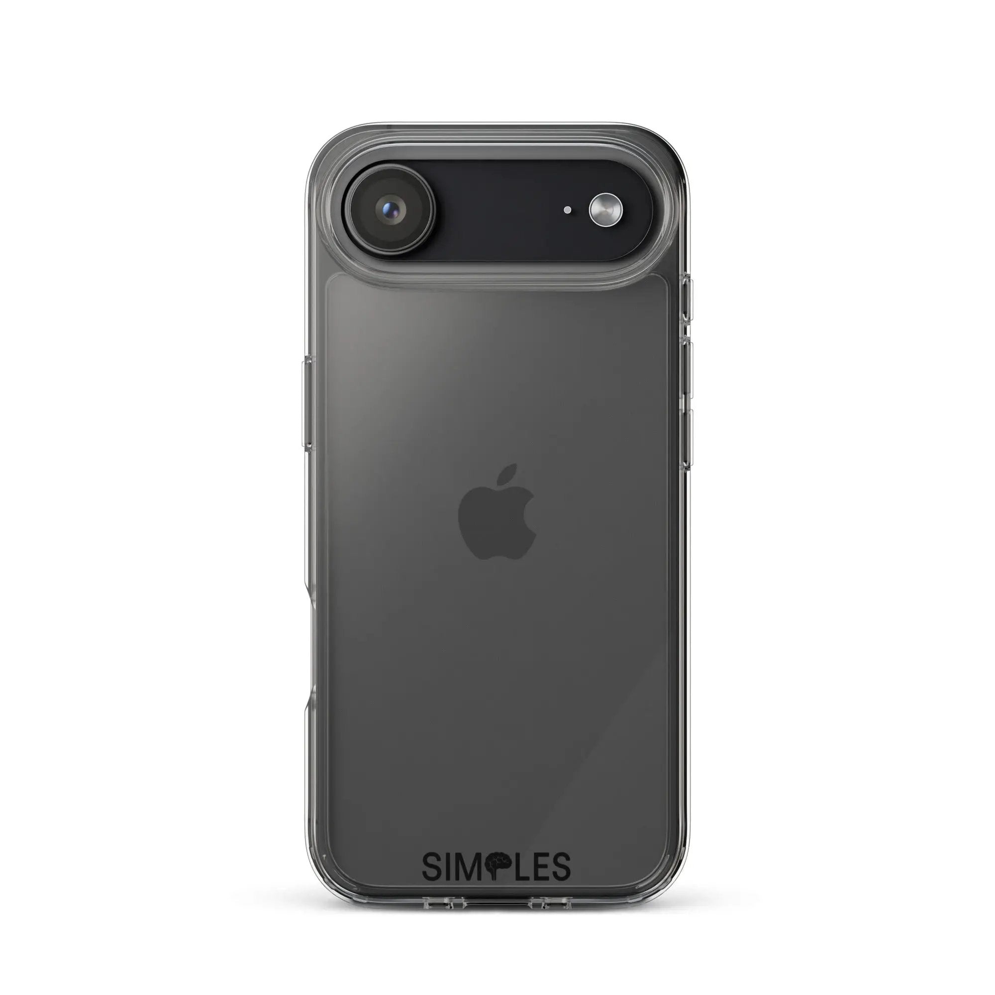 Clear iPhone case by Simples Market; transparent protective shell with camera cutout.