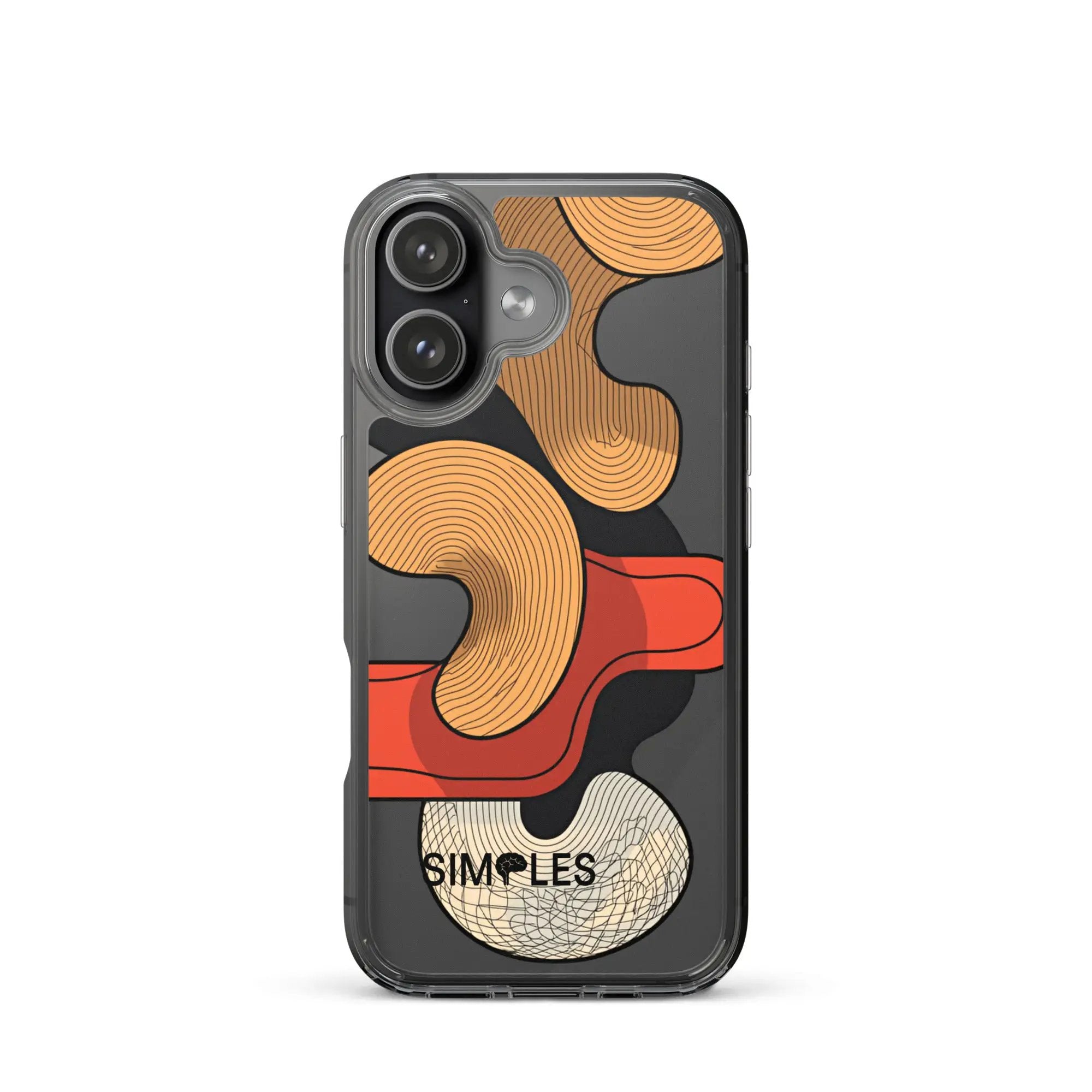 Clear iPhone case featuring orange wood-grain pattern and Simples Market branding