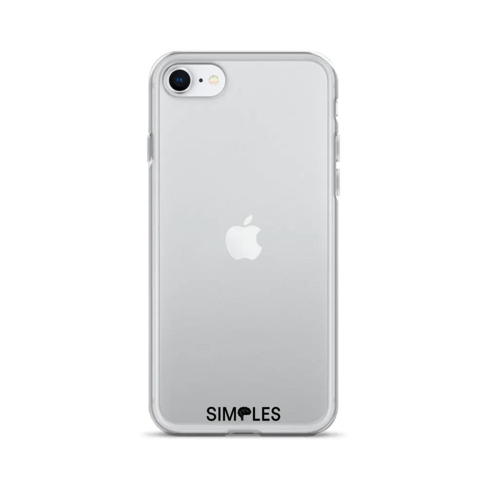 Clear case for iPhone by Simples Market, transparent back with Apple logo visible.