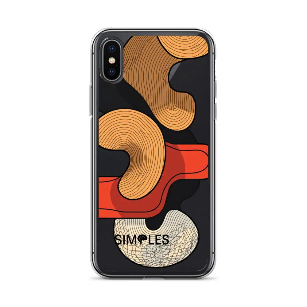 Clear Case for iPhone by Simples Market with orange, red, and beige abstract shapes on black background